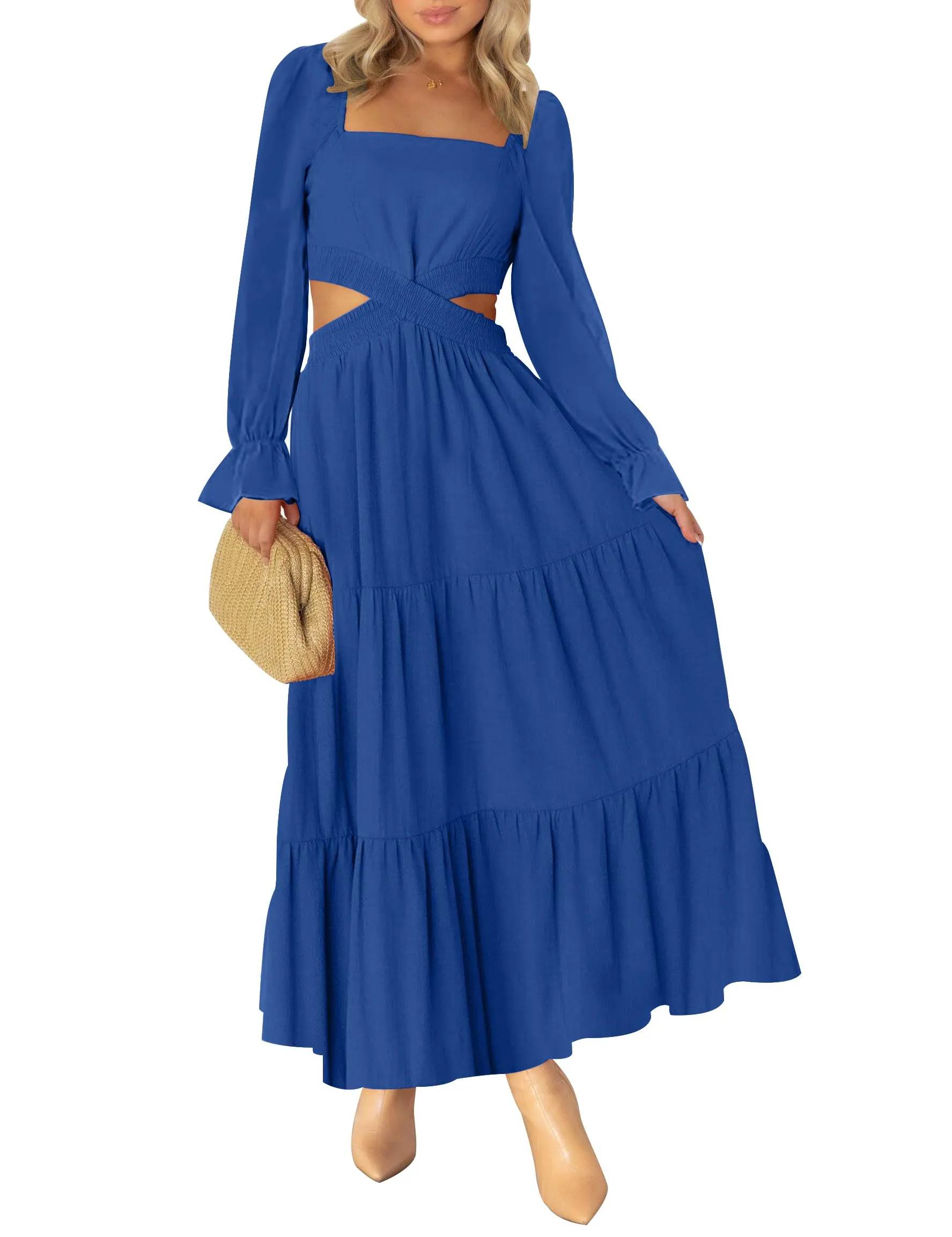 MEROKEETY Square Neck Crossover Waist Cutout Maxi Dress