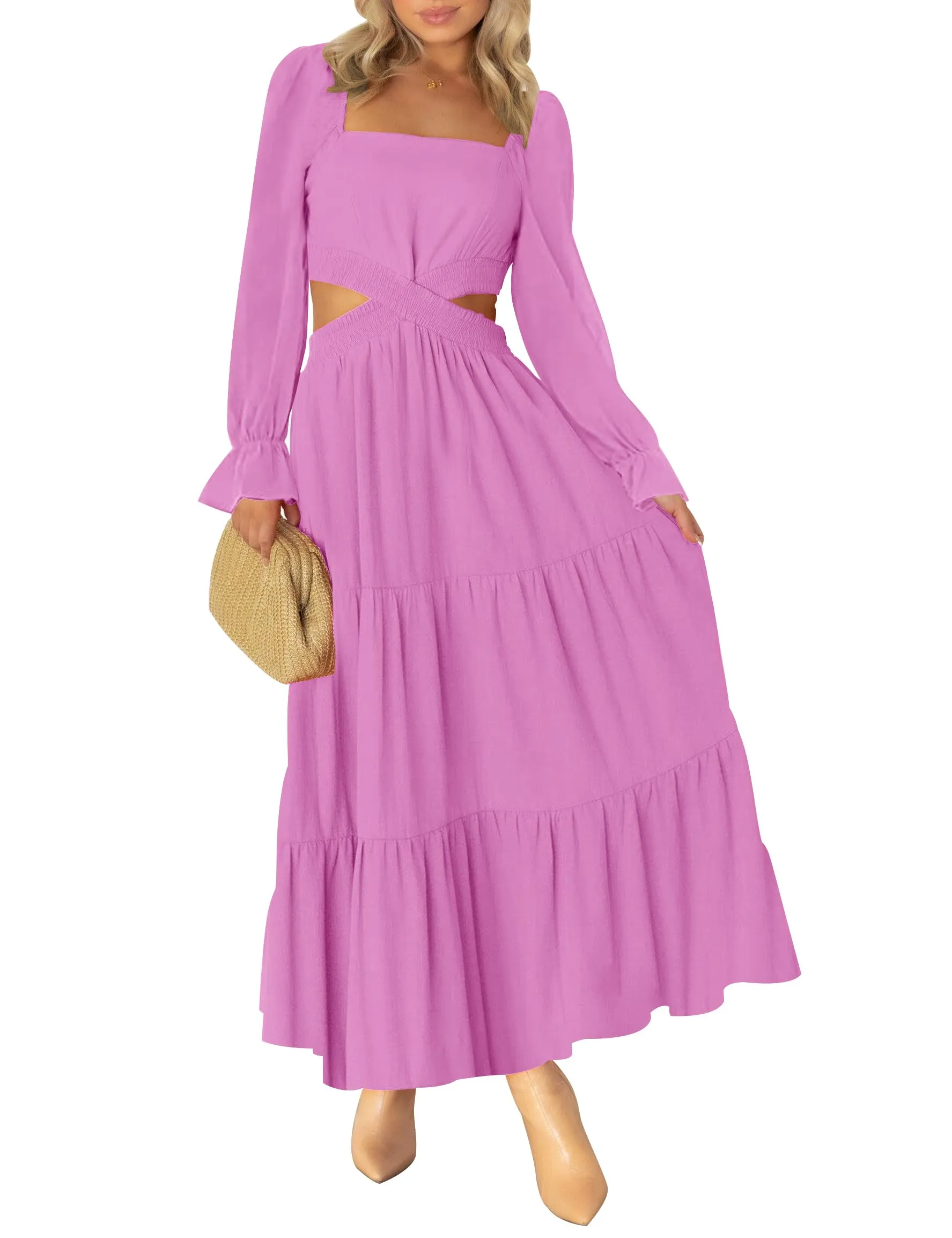 MEROKEETY Square Neck Crossover Waist Cutout Maxi Dress