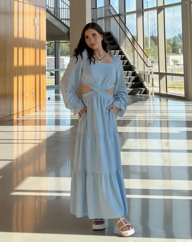 MEROKEETY Square Neck Crossover Waist Cutout Maxi Dress