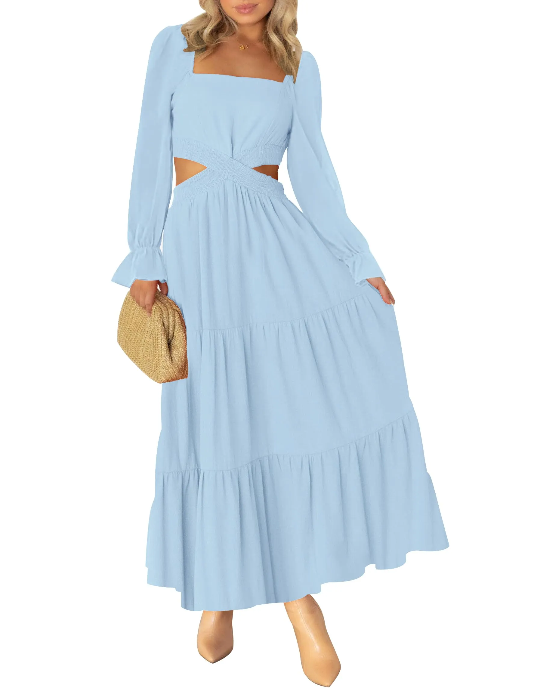 MEROKEETY Square Neck Crossover Waist Cutout Maxi Dress