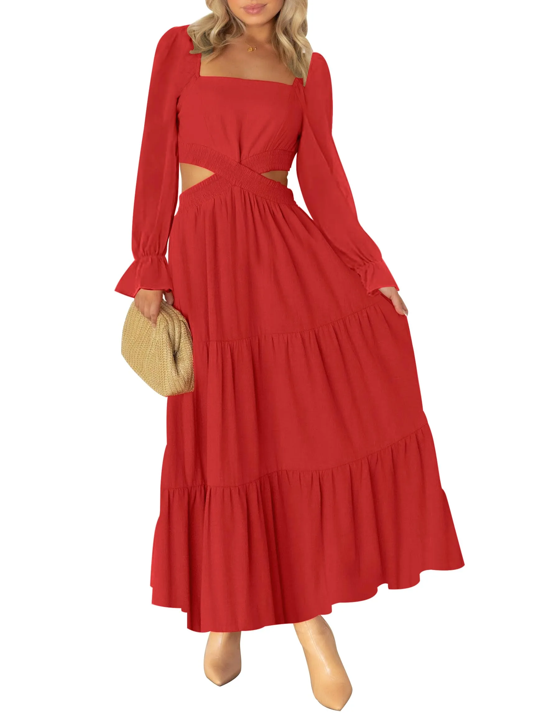 MEROKEETY Square Neck Crossover Waist Cutout Maxi Dress