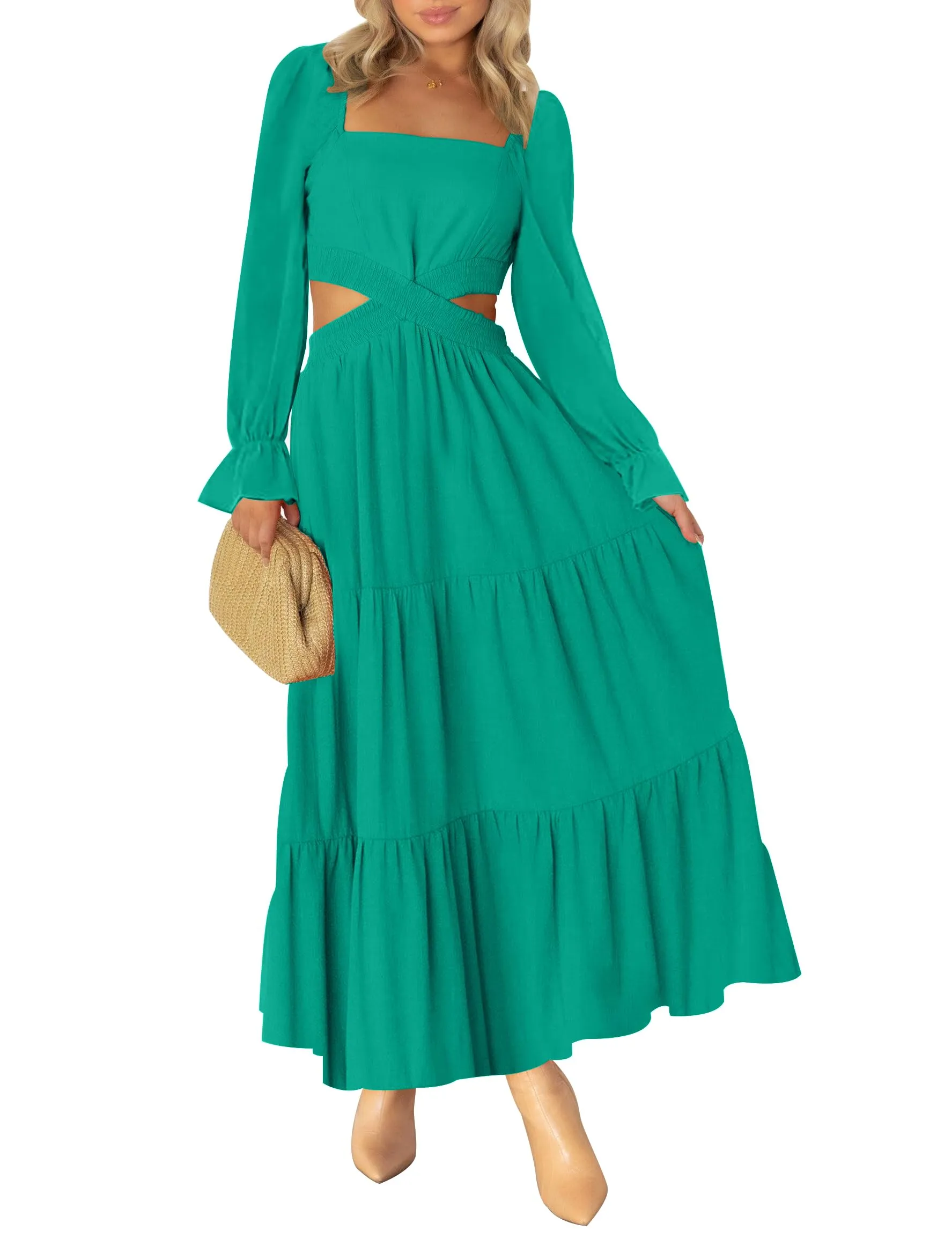 MEROKEETY Square Neck Crossover Waist Cutout Maxi Dress
