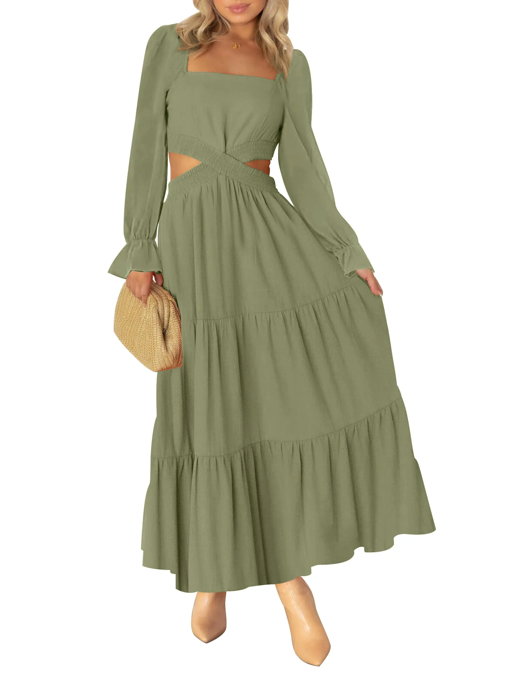 MEROKEETY Square Neck Crossover Waist Cutout Maxi Dress