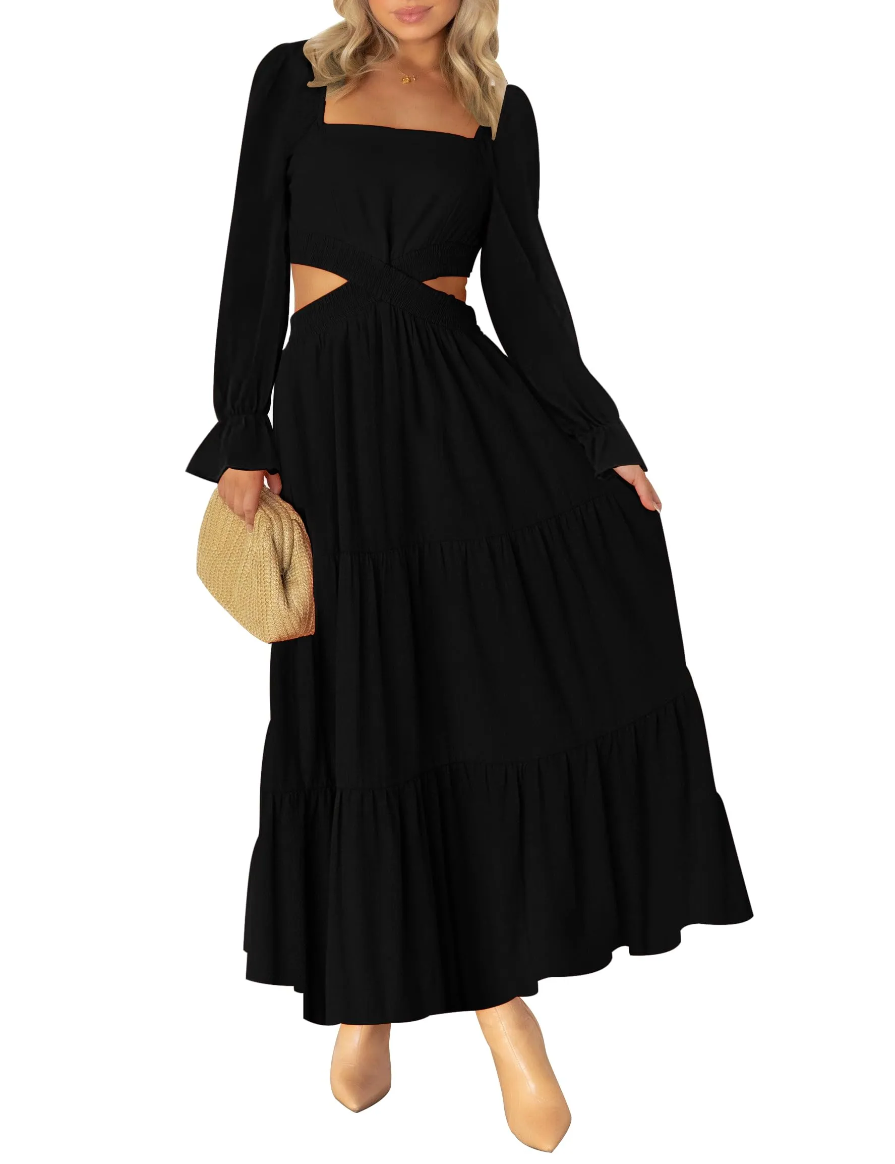 MEROKEETY Square Neck Crossover Waist Cutout Maxi Dress