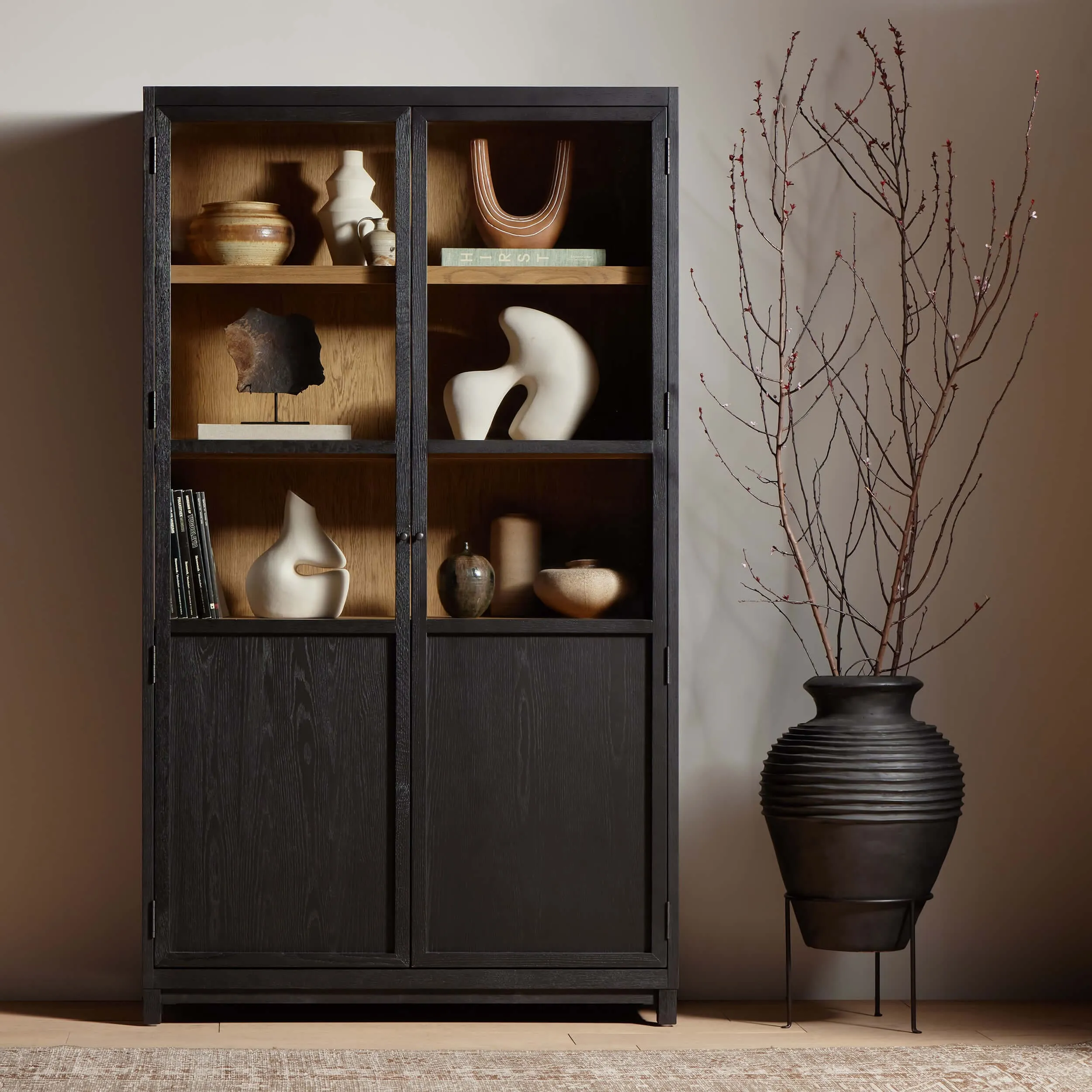 Millie Panel and Glass Door Cabinet, Drifted Matte Black
