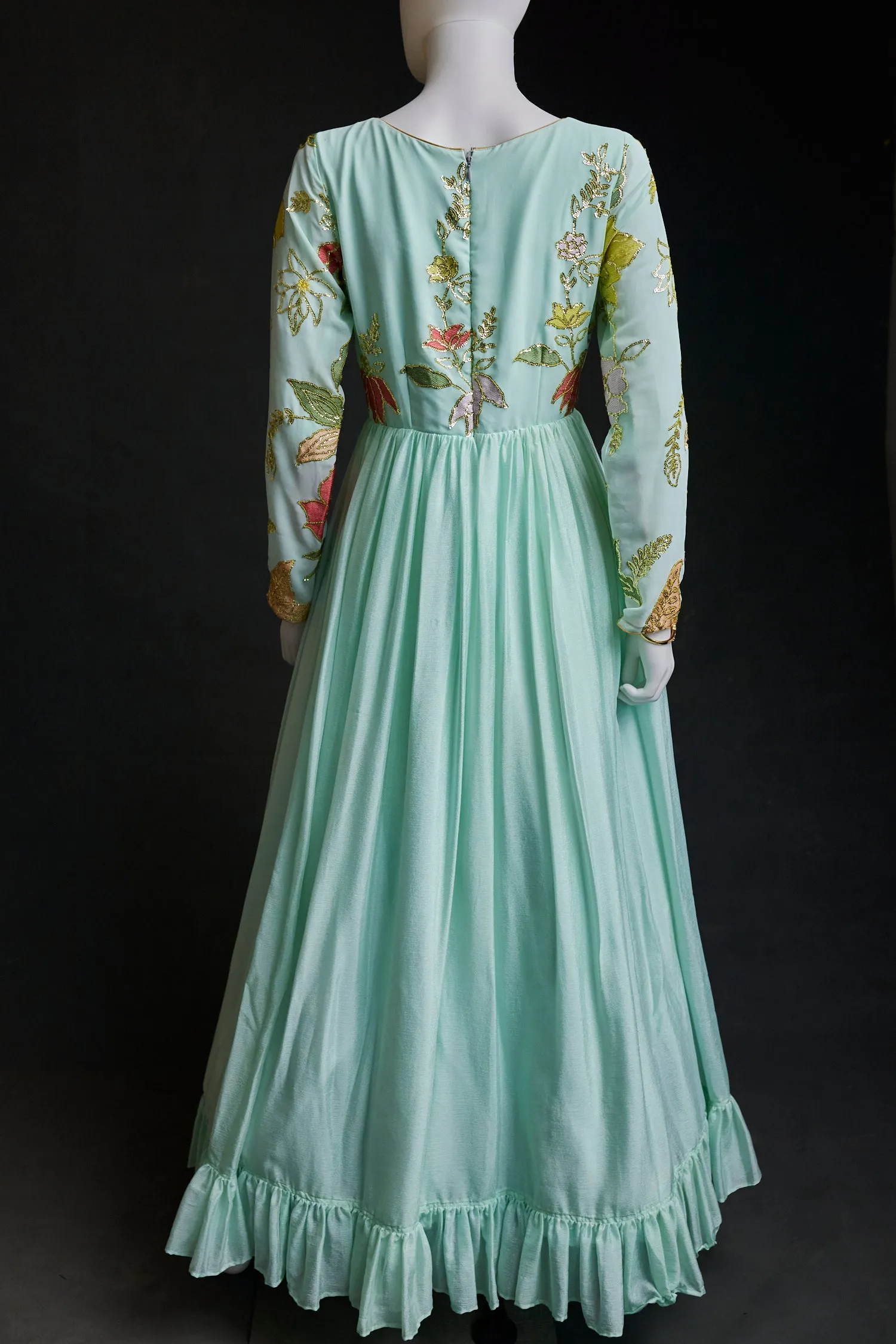 Mint Colored Georgette gown with multi-colored Floral design and sequence