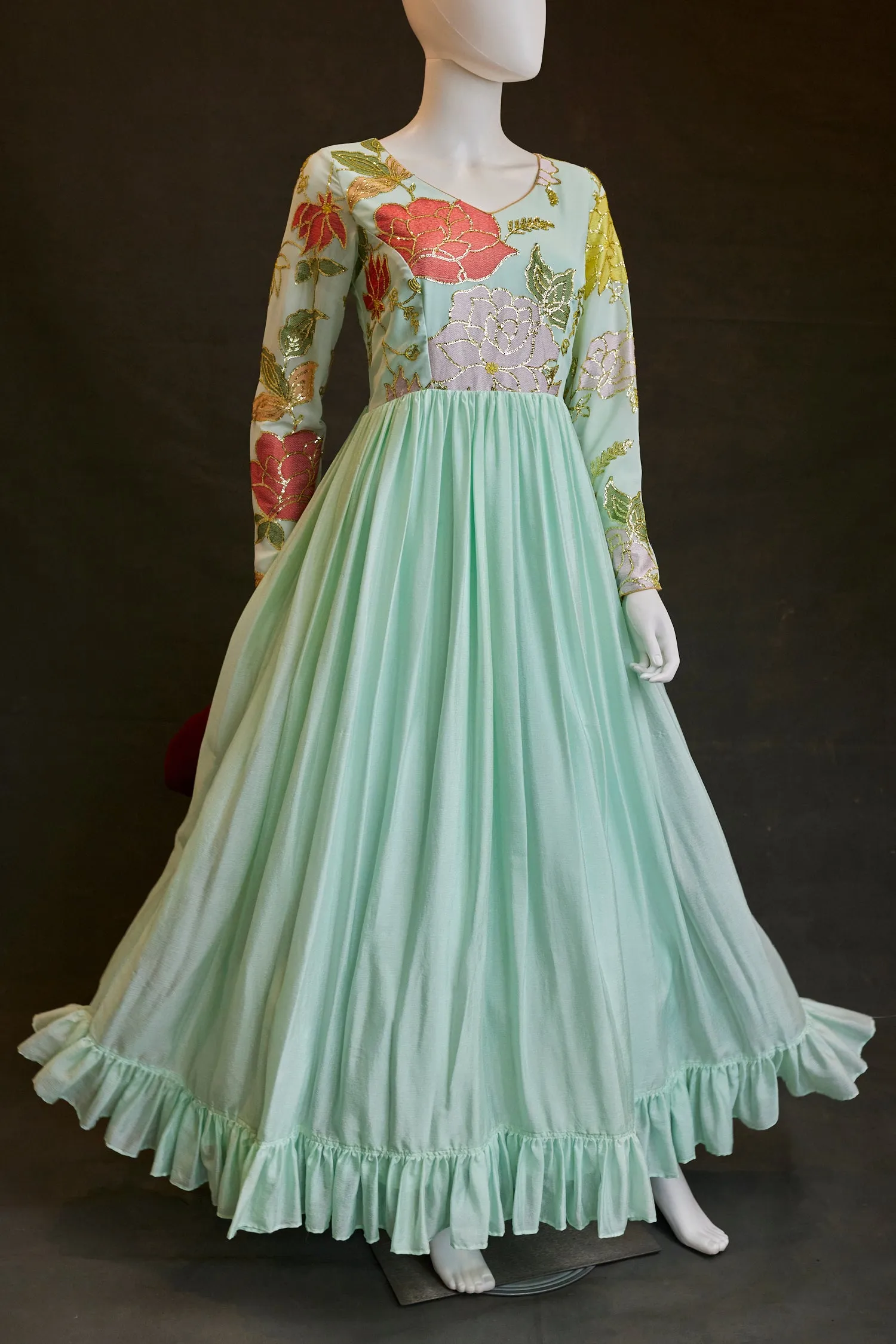 Mint Colored Georgette gown with multi-colored Floral design and sequence