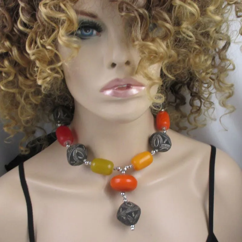 Multi-colored African Trade Beaded Big Bold Statement Necklace