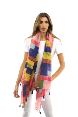 Multi-colored pattern woven scarf-Pink