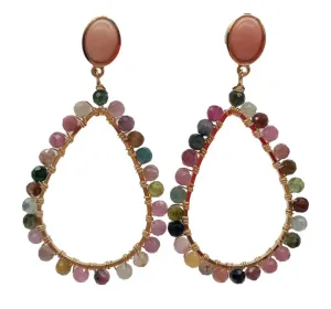 Multi-Colored Tourmaline Gemstone Dangle Hoop Earrings 2”