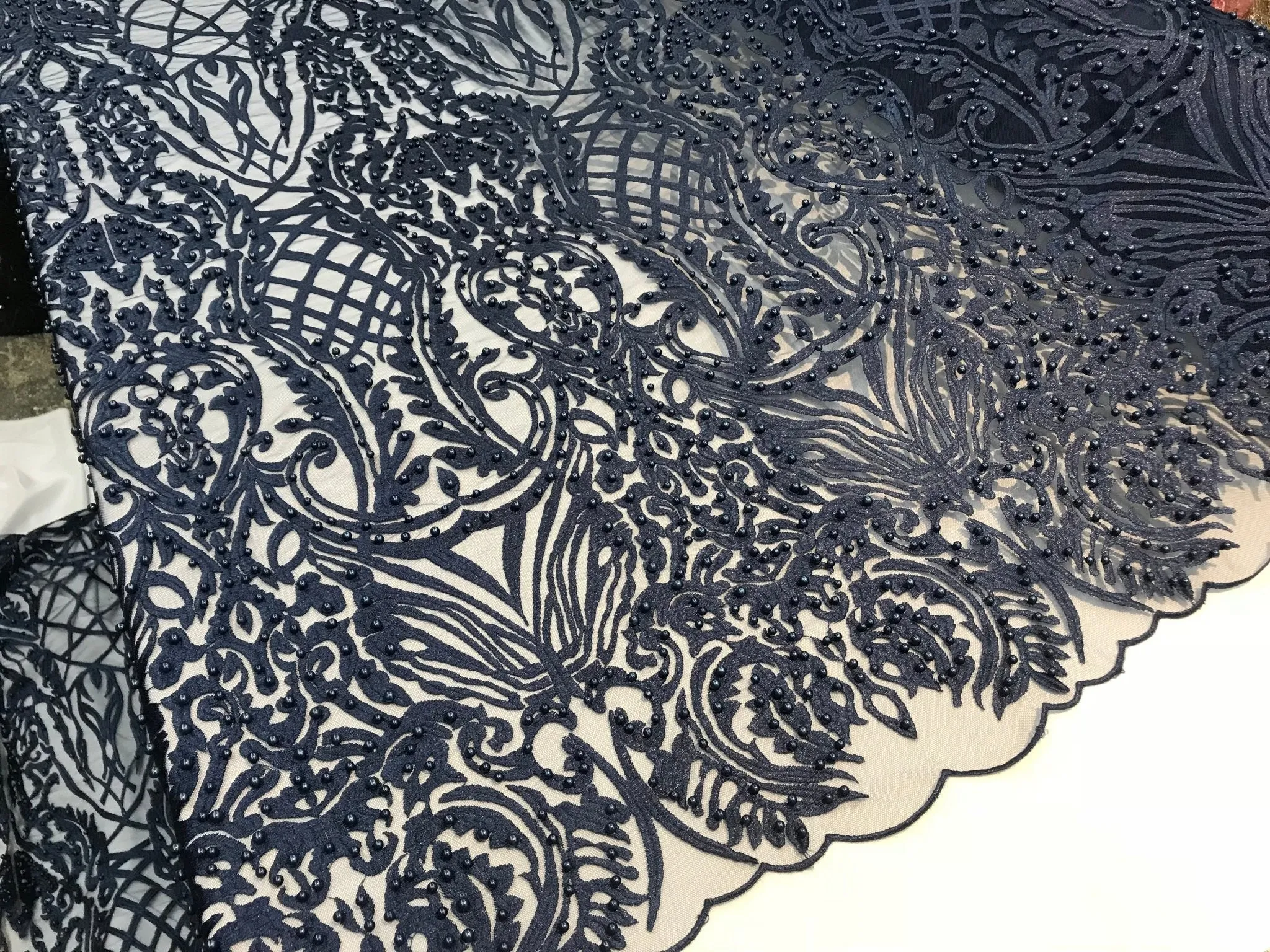 Navy Blue Design Beaded Fabric,Lace Fabric By The Yard