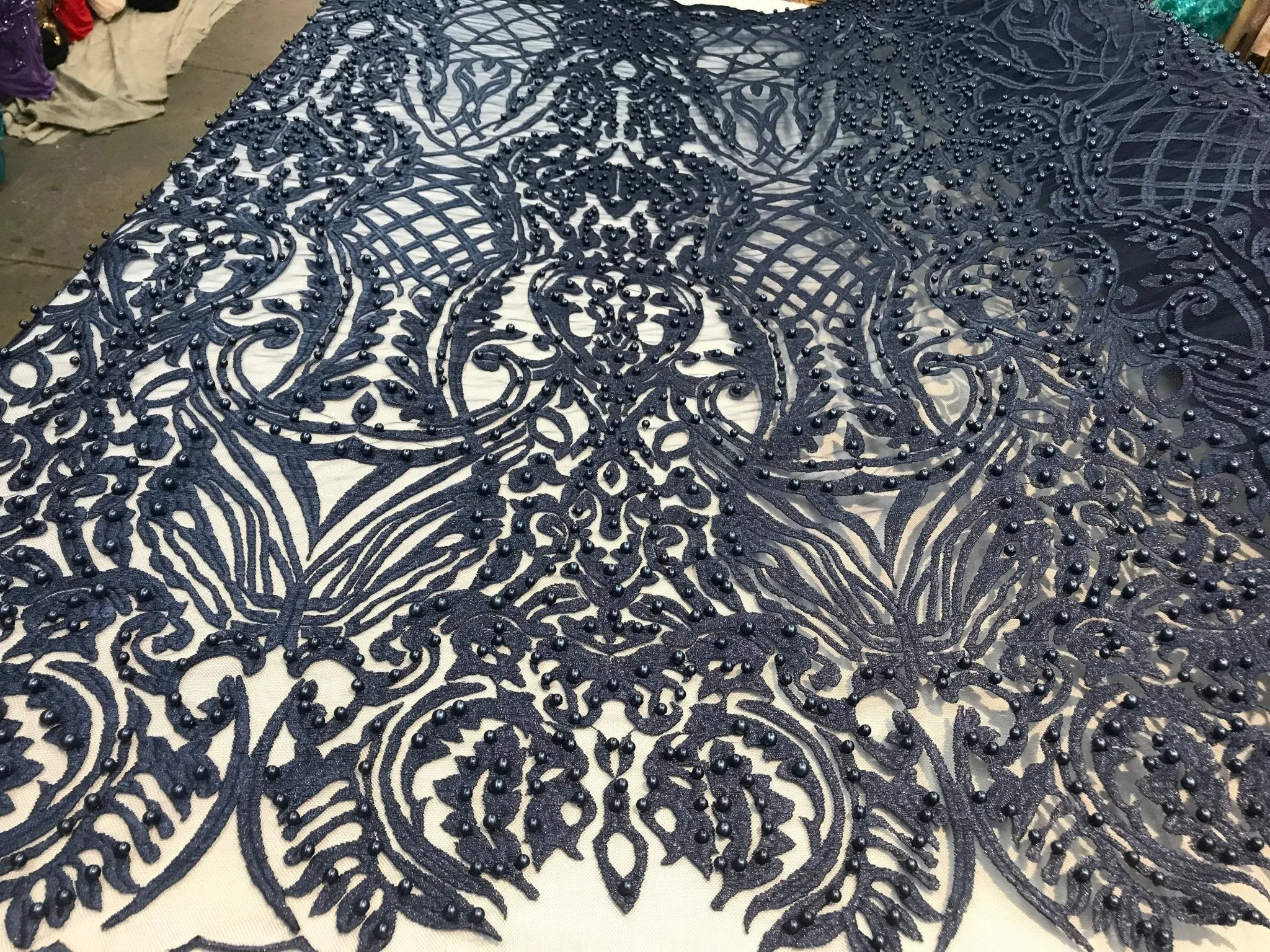 Navy Blue Design Beaded Fabric,Lace Fabric By The Yard