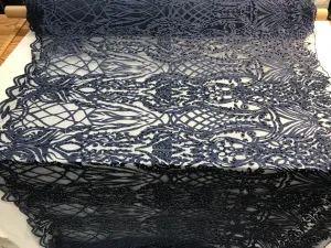 Navy Blue Design Beaded Fabric,Lace Fabric By The Yard