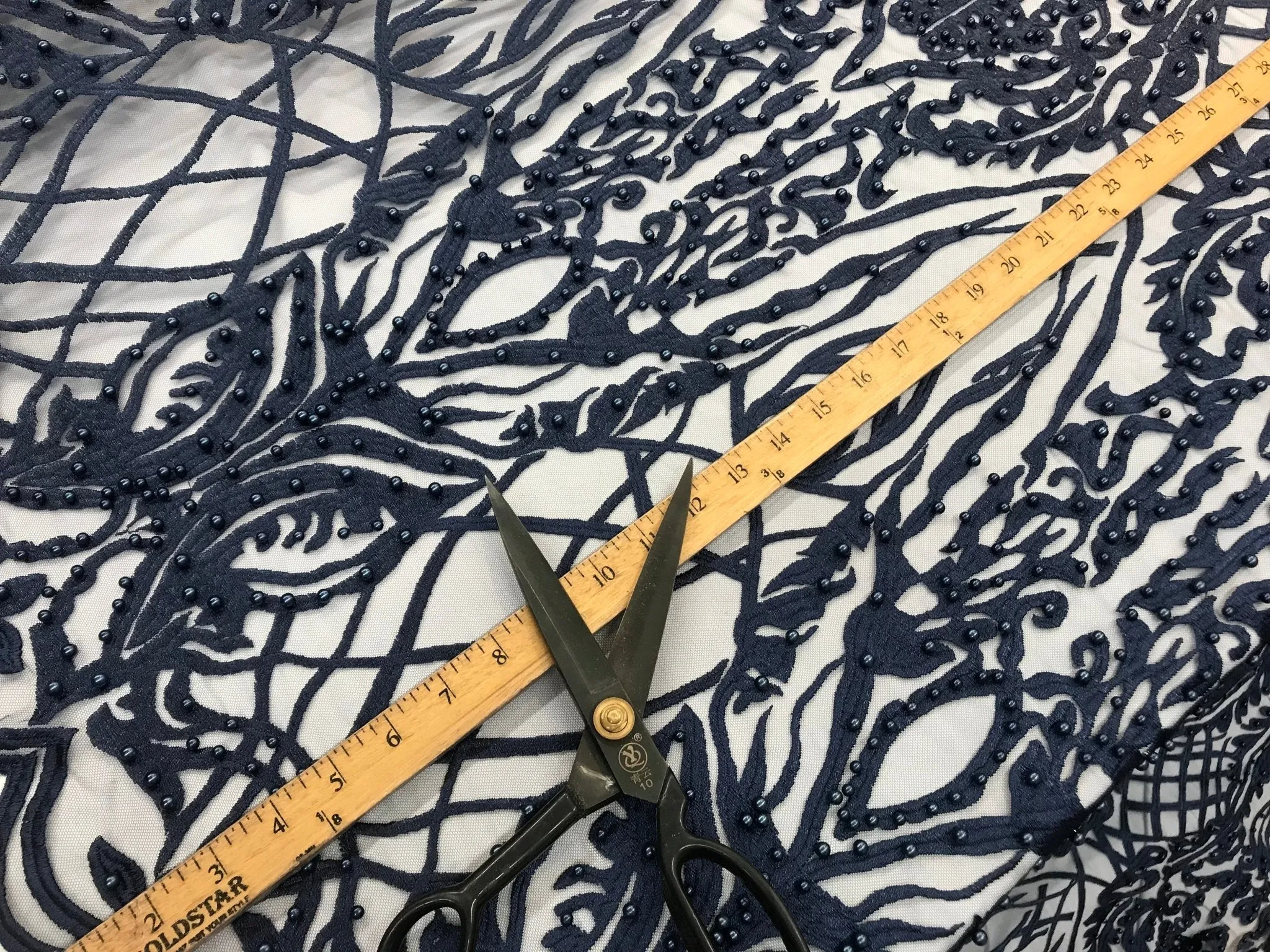 Navy Blue Design Beaded Fabric,Lace Fabric By The Yard