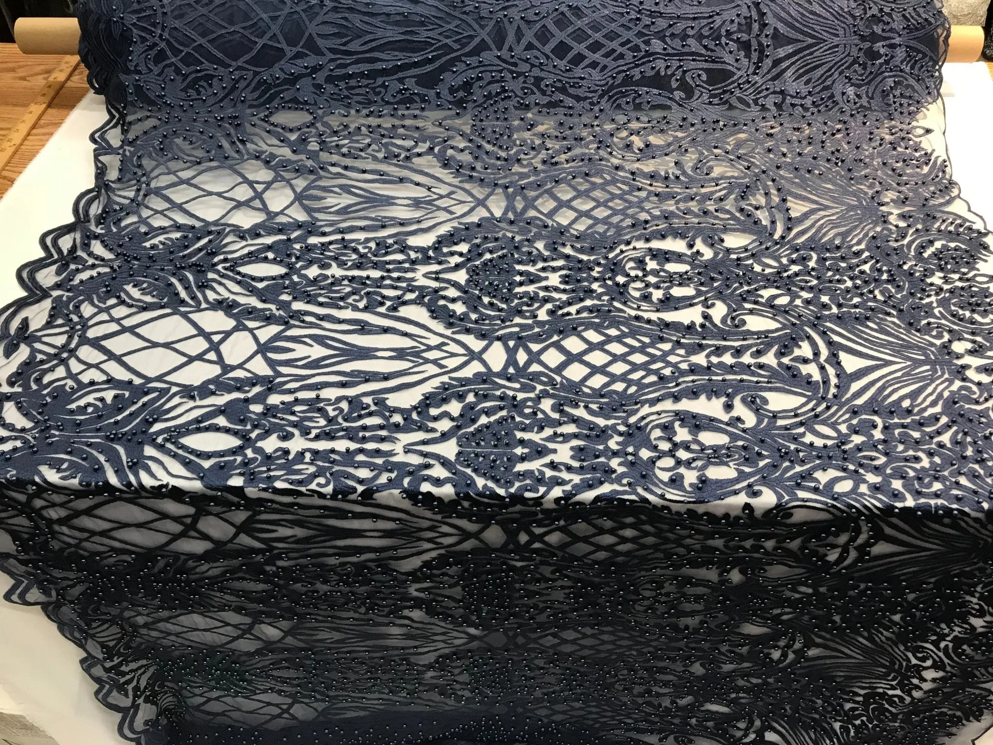 Navy Blue Design Beaded Fabric,Lace Fabric By The Yard