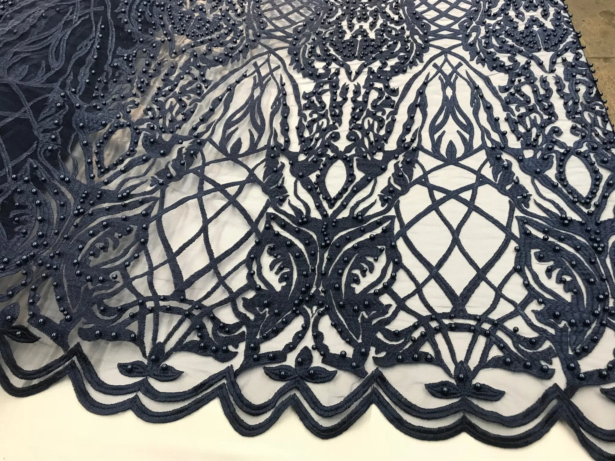 Navy Blue Design Beaded Fabric,Lace Fabric By The Yard