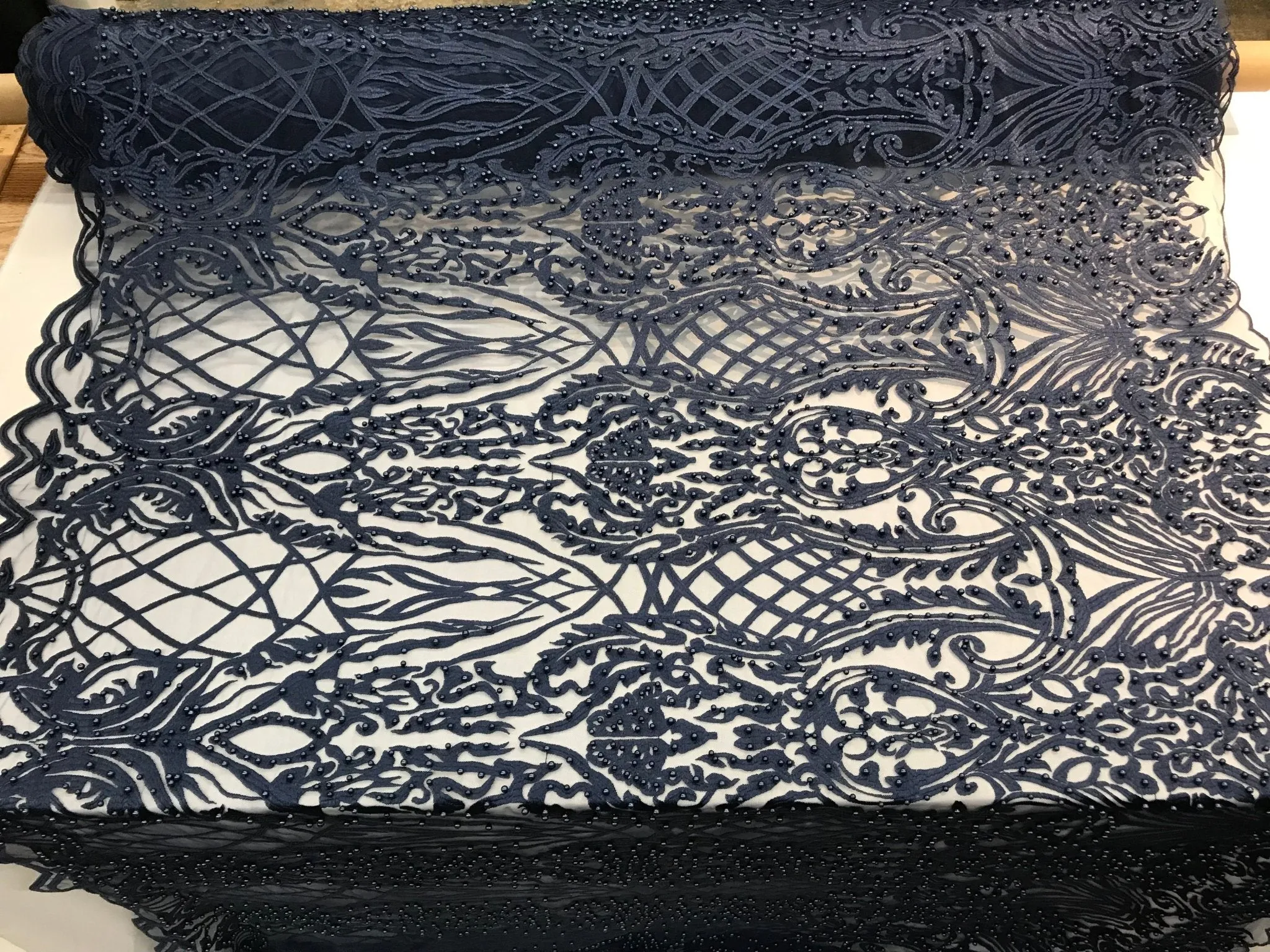 Navy Blue Design Beaded Fabric,Lace Fabric By The Yard