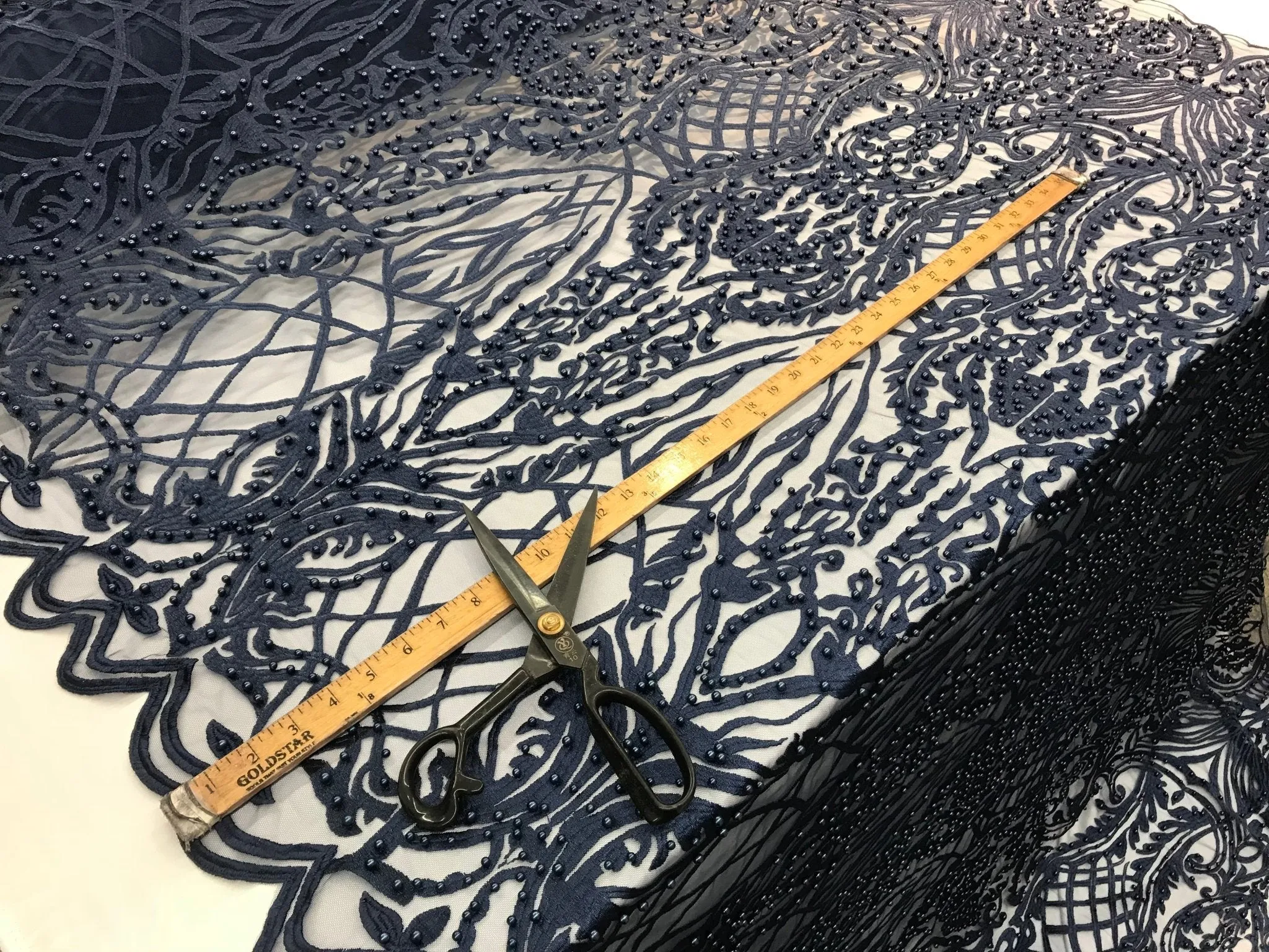 Navy Blue Design Beaded Fabric,Lace Fabric By The Yard