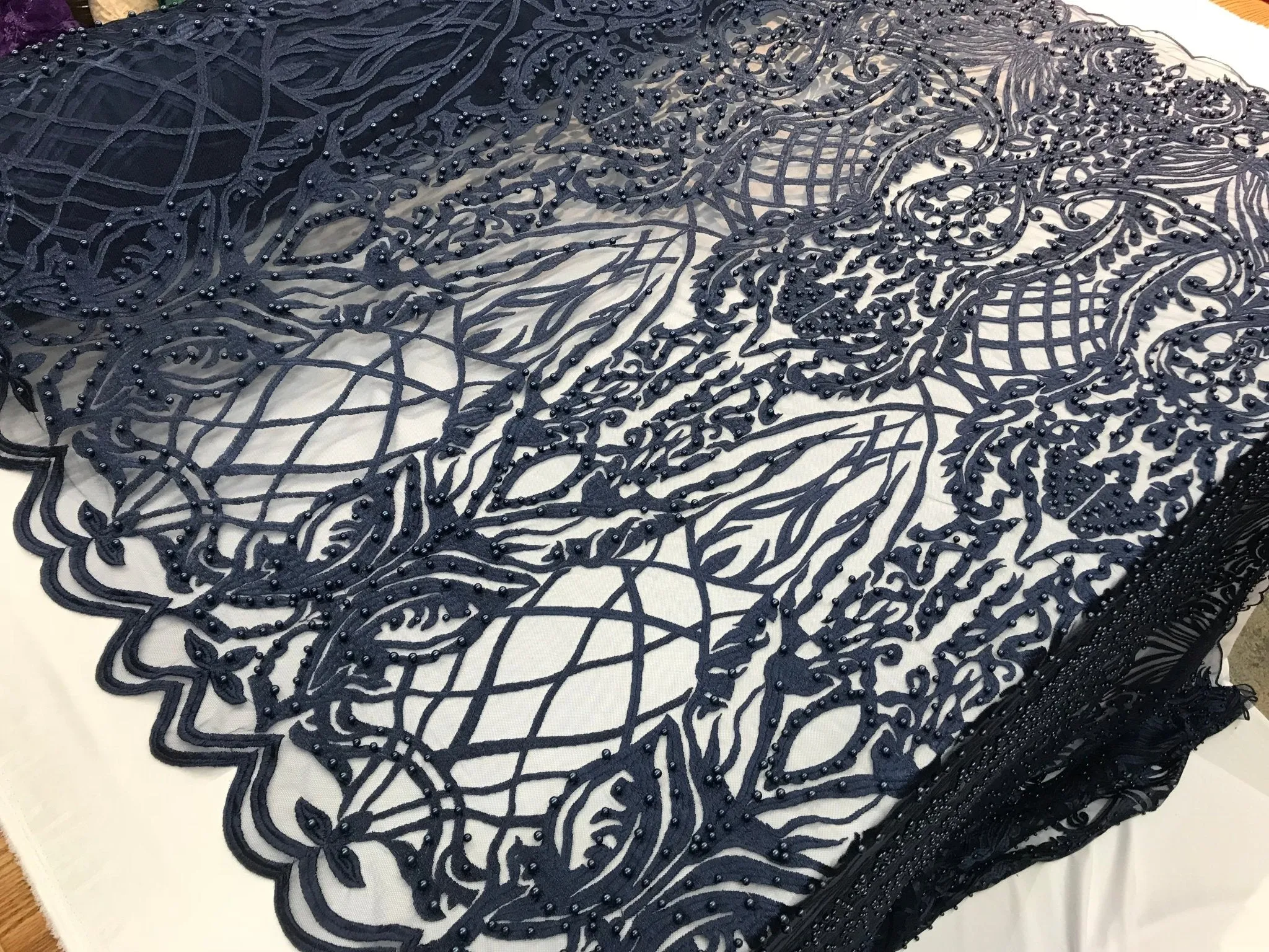 Navy Blue Design Beaded Fabric,Lace Fabric By The Yard