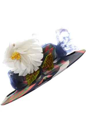 New York Creations Nicholas Ungar vintage plaid boater hat with flower and netting NEW with tags