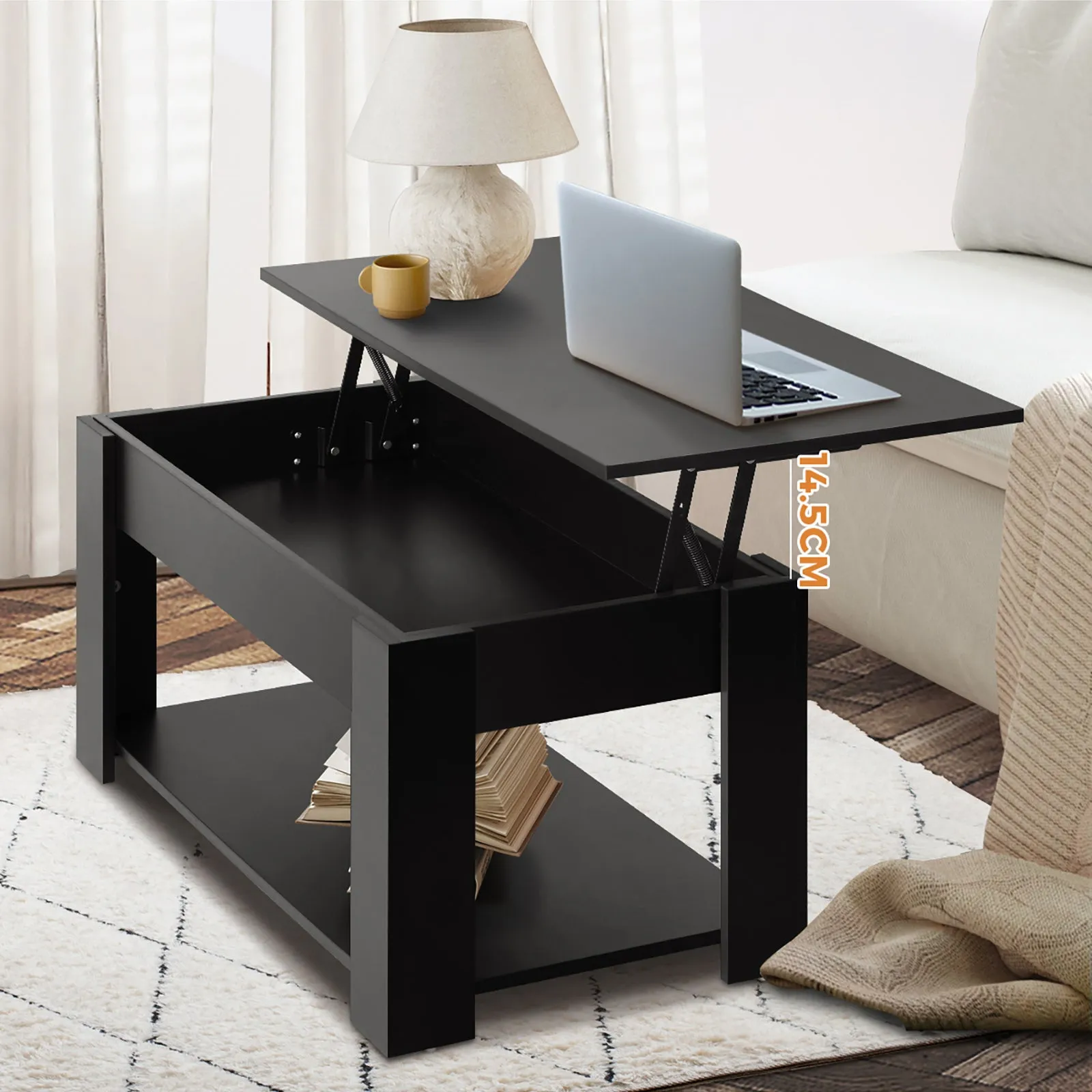 Oikiture Coffee Table Lift Up Top Modern Tables Hidden Book Storage Black