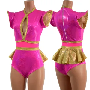 Pink Sparkly Jewel and Mesh Romper with Keyhole and Ruffle Rump