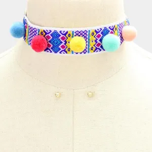 Pom Pom Multi Colored Choker Necklace & Earrings Set