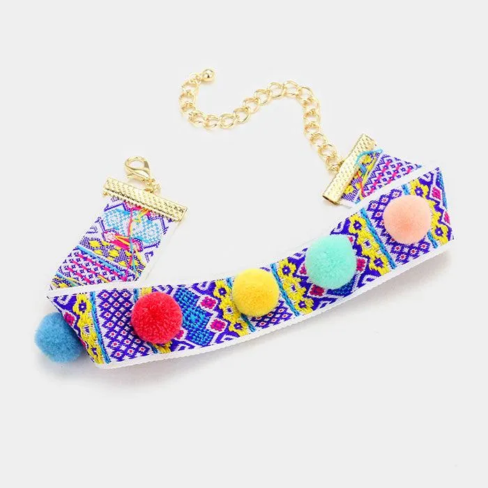 Pom Pom Multi Colored Choker Necklace & Earrings Set