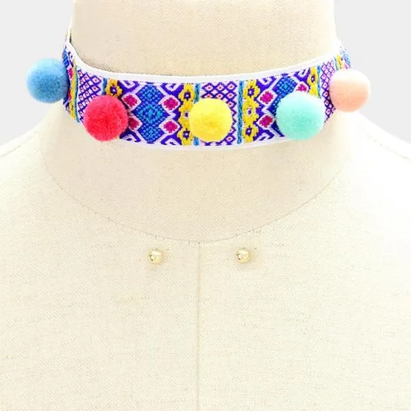 Pom Pom Multi Colored Choker Necklace & Earrings Set