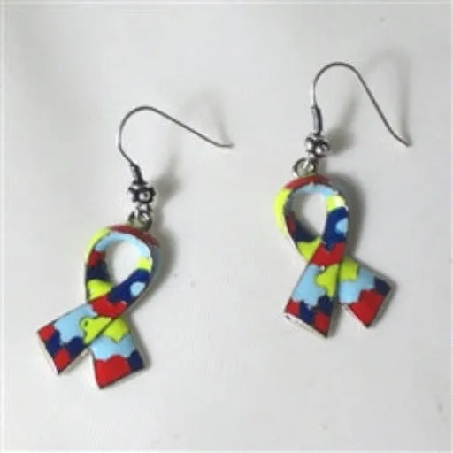 Puzzle Awareness Ribbon Earrings Multi-colored Puzzle