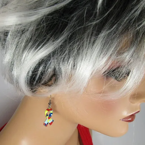 Puzzle Awareness Ribbon Earrings Multi-colored Puzzle