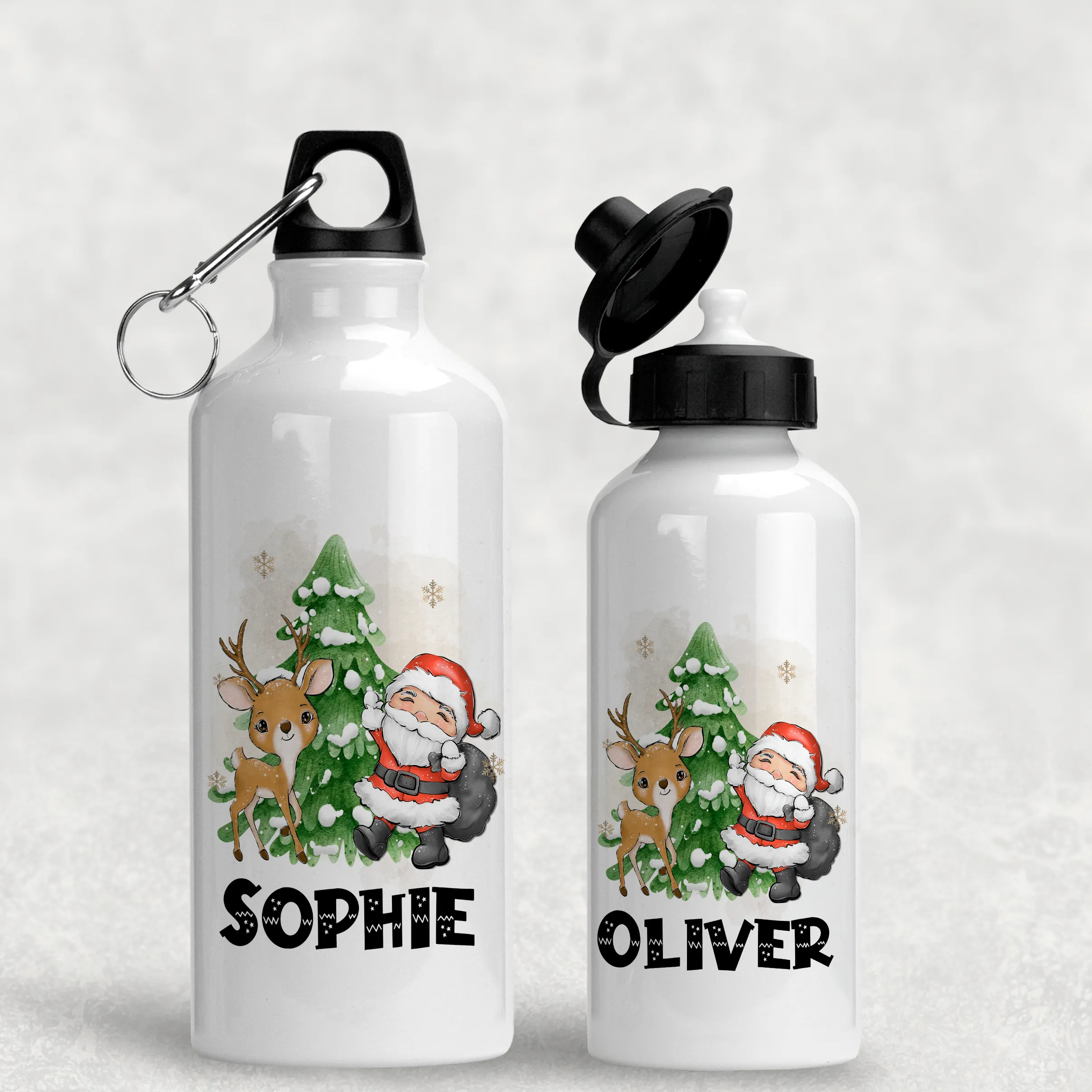 Santa & Reindeer Christmas Personalised Aluminium Water Bottle 400/600ml