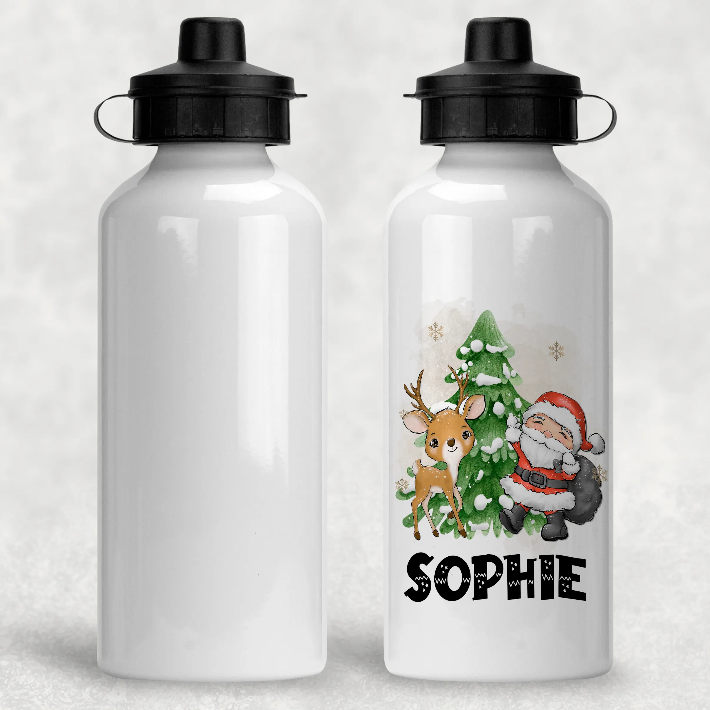 Santa & Reindeer Christmas Personalised Aluminium Water Bottle 400/600ml