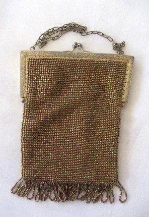 Silk Bronze-Colored Colorful Beaded Fringed Purse
