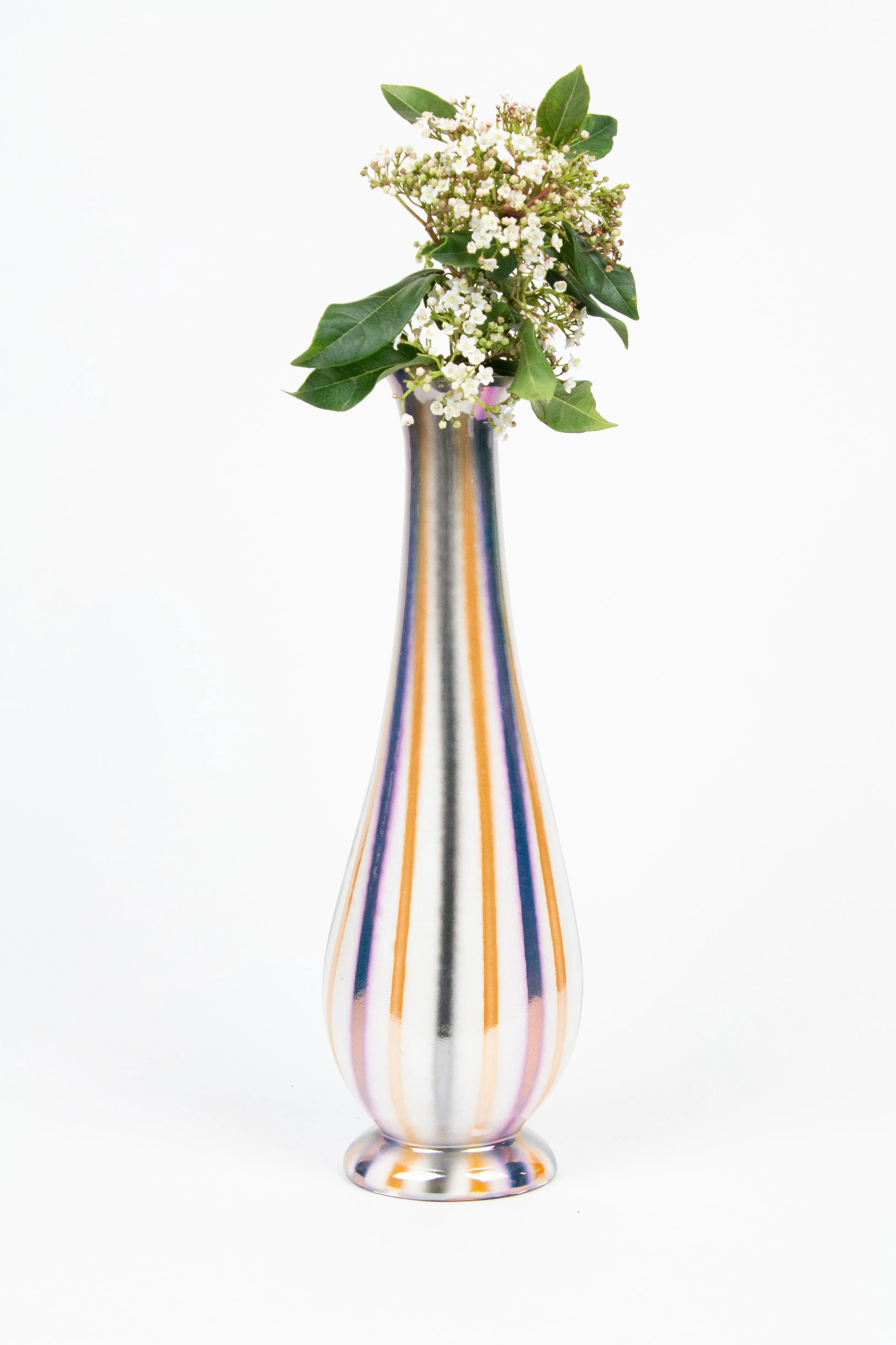 Silver, Orange, and Purple metalic striped Vintage Vase