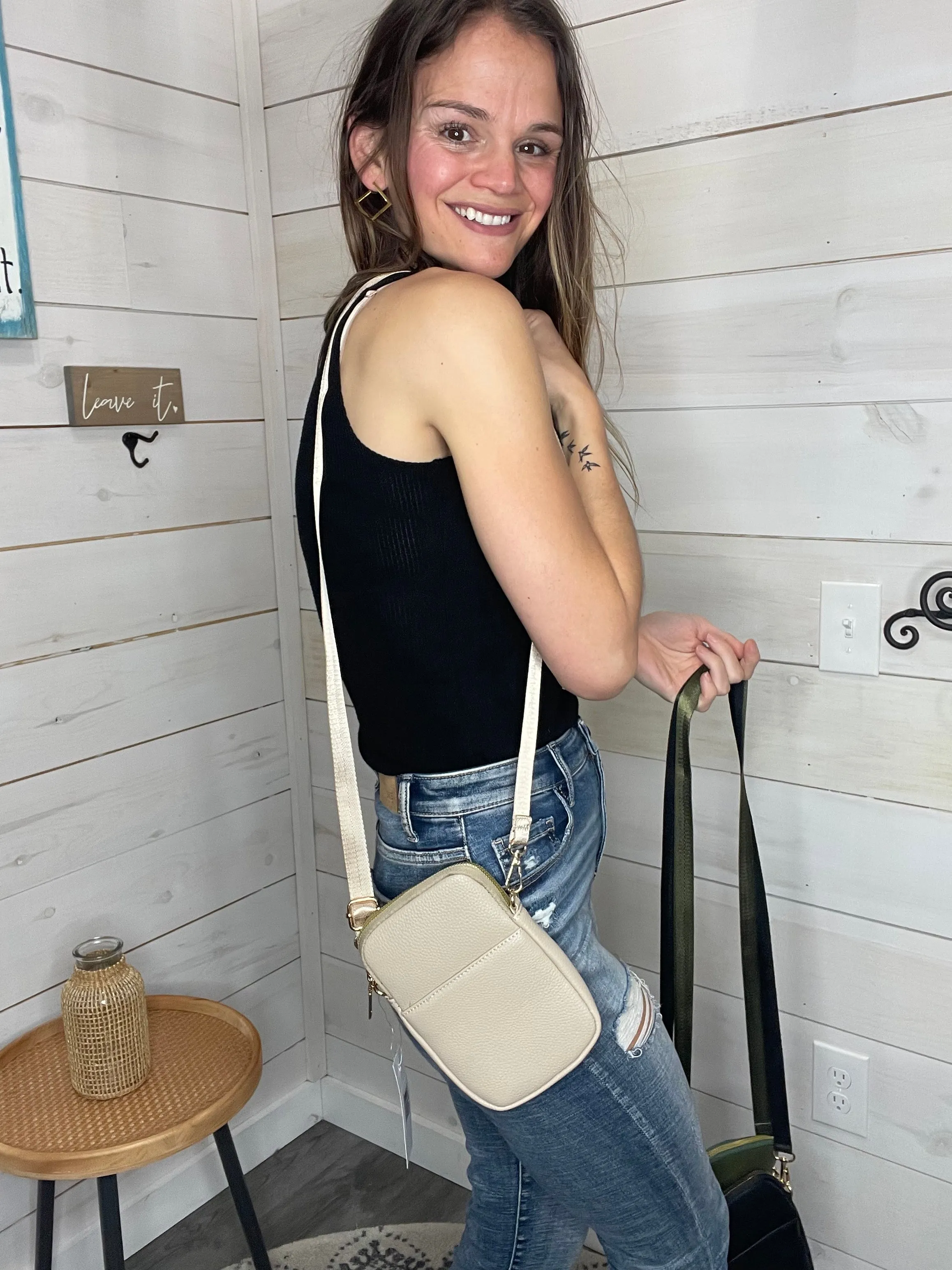 Solid PU Cell Phone Strap Bag Beige