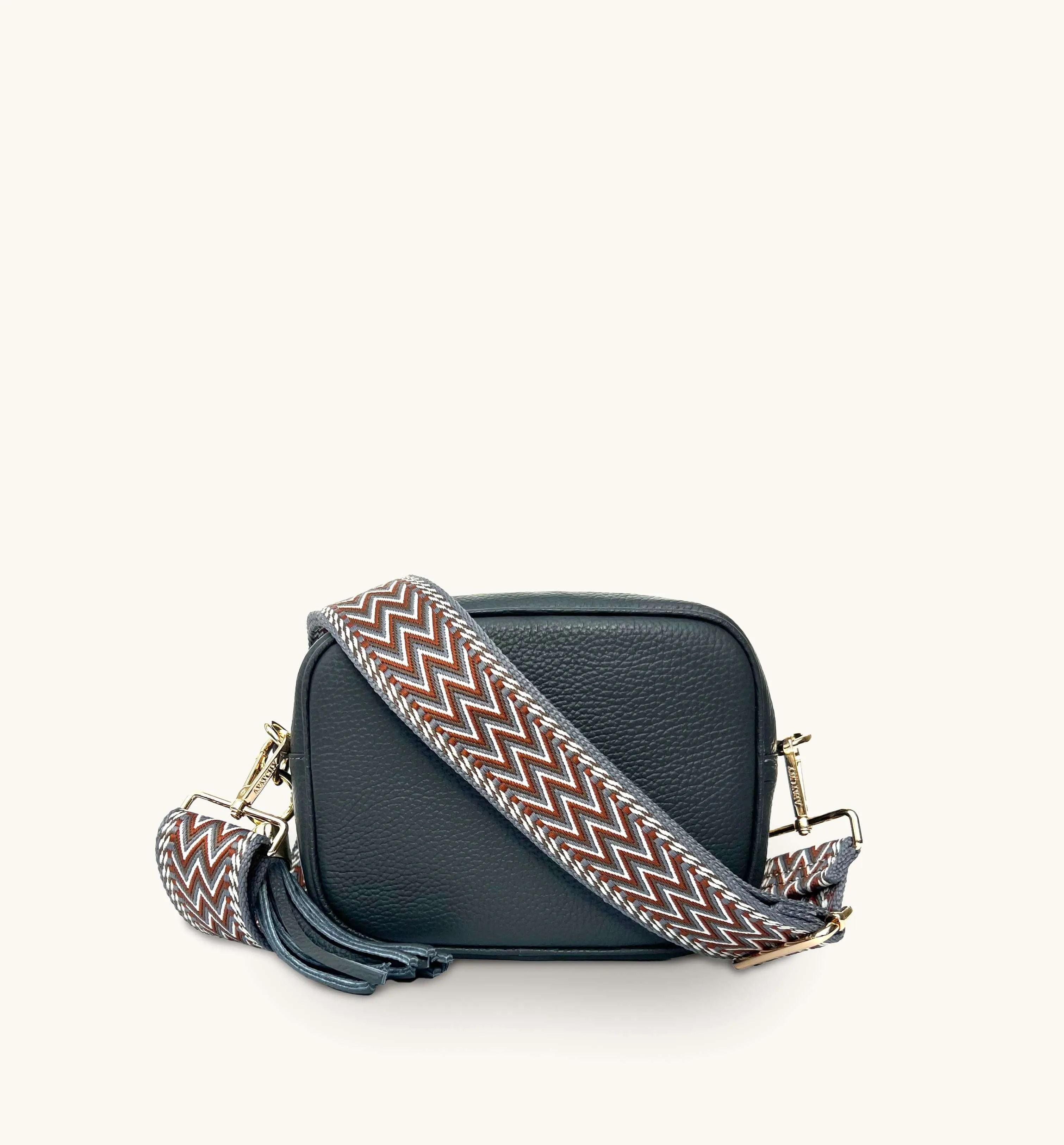 The Tassel Dark Grey Leather Crossbody Bag With Tan Boho Strap