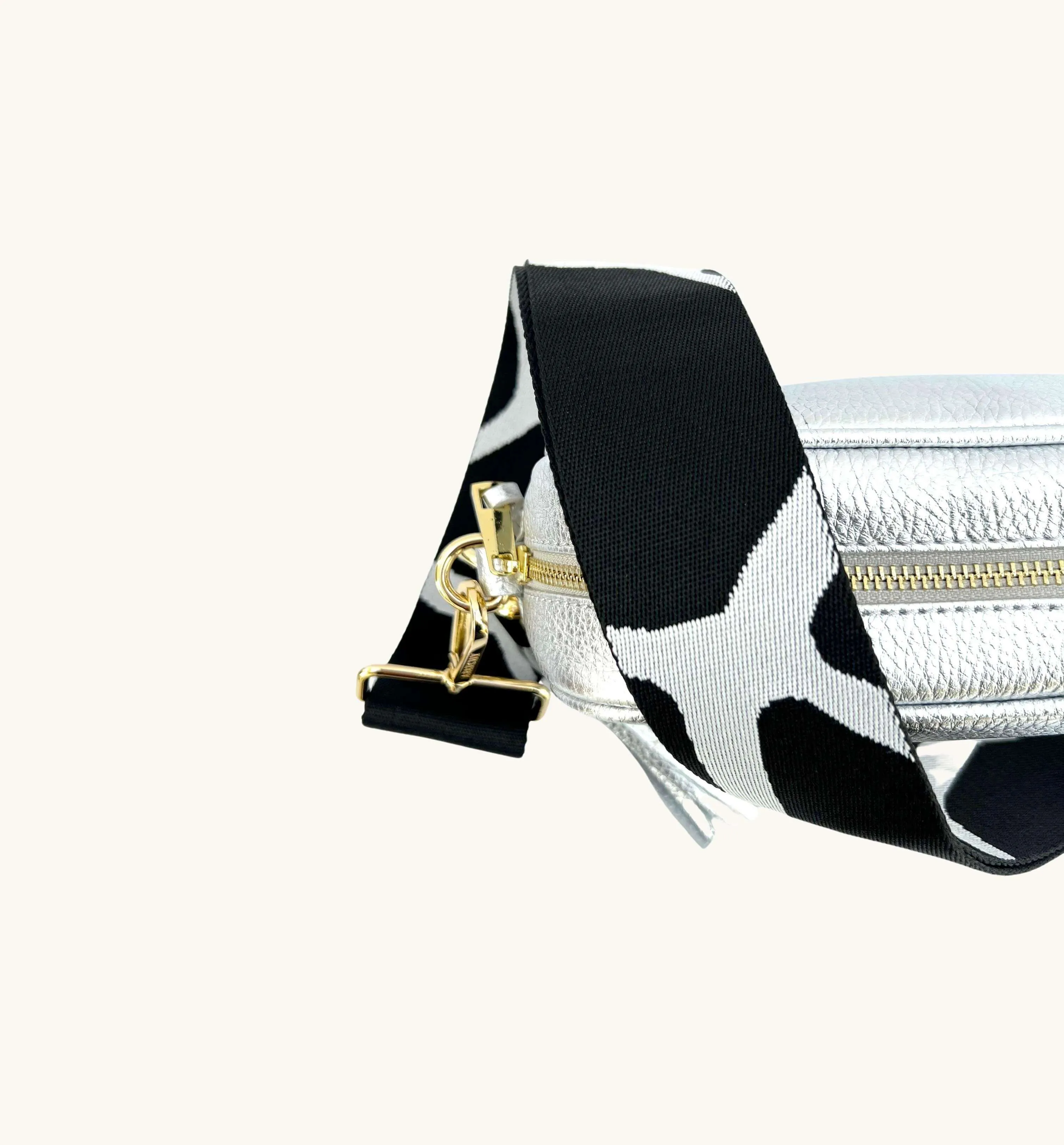 The Tassel Silver Leather Crossbody Bag With Black & White Giraffe Strap