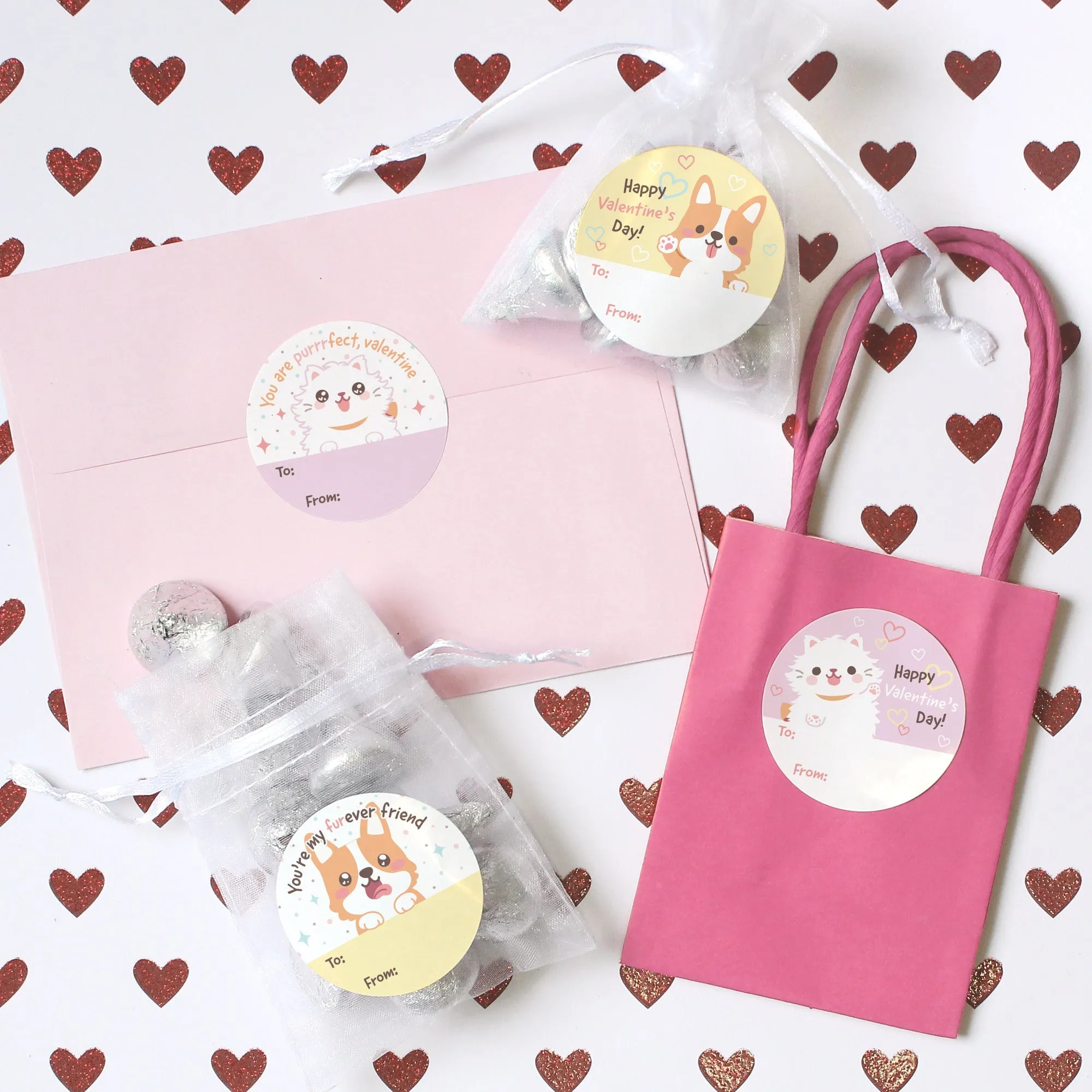 Valentine's Day Treat Stickers: Dogs and Cats- 40 Circle Stickers