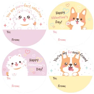Valentine's Day Treat Stickers: Dogs and Cats- 40 Circle Stickers
