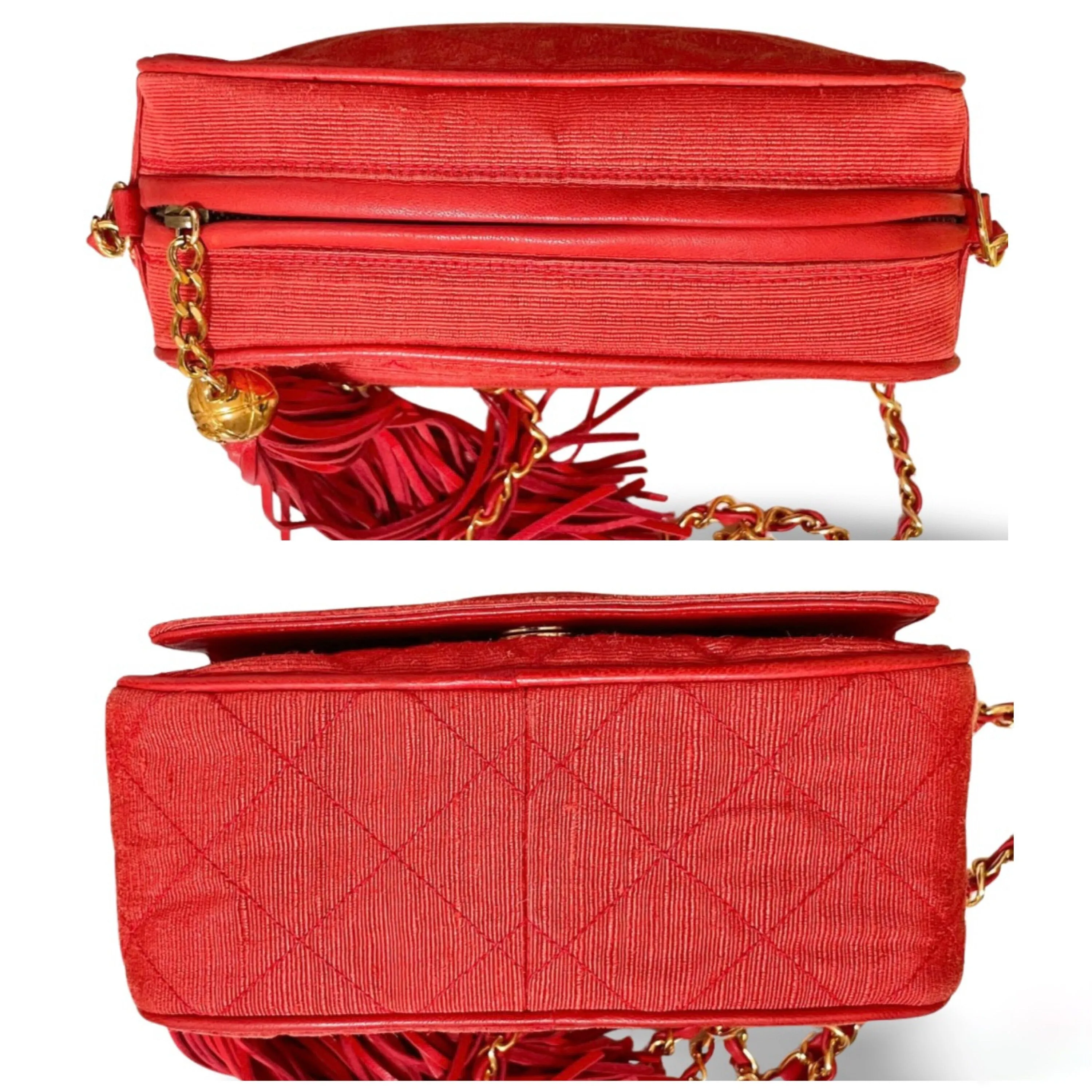 Vintage CHANEL red woven canvas camera bag style shoulder bag with a tassel and CC mark. Rare masterpiece. 060130ac5