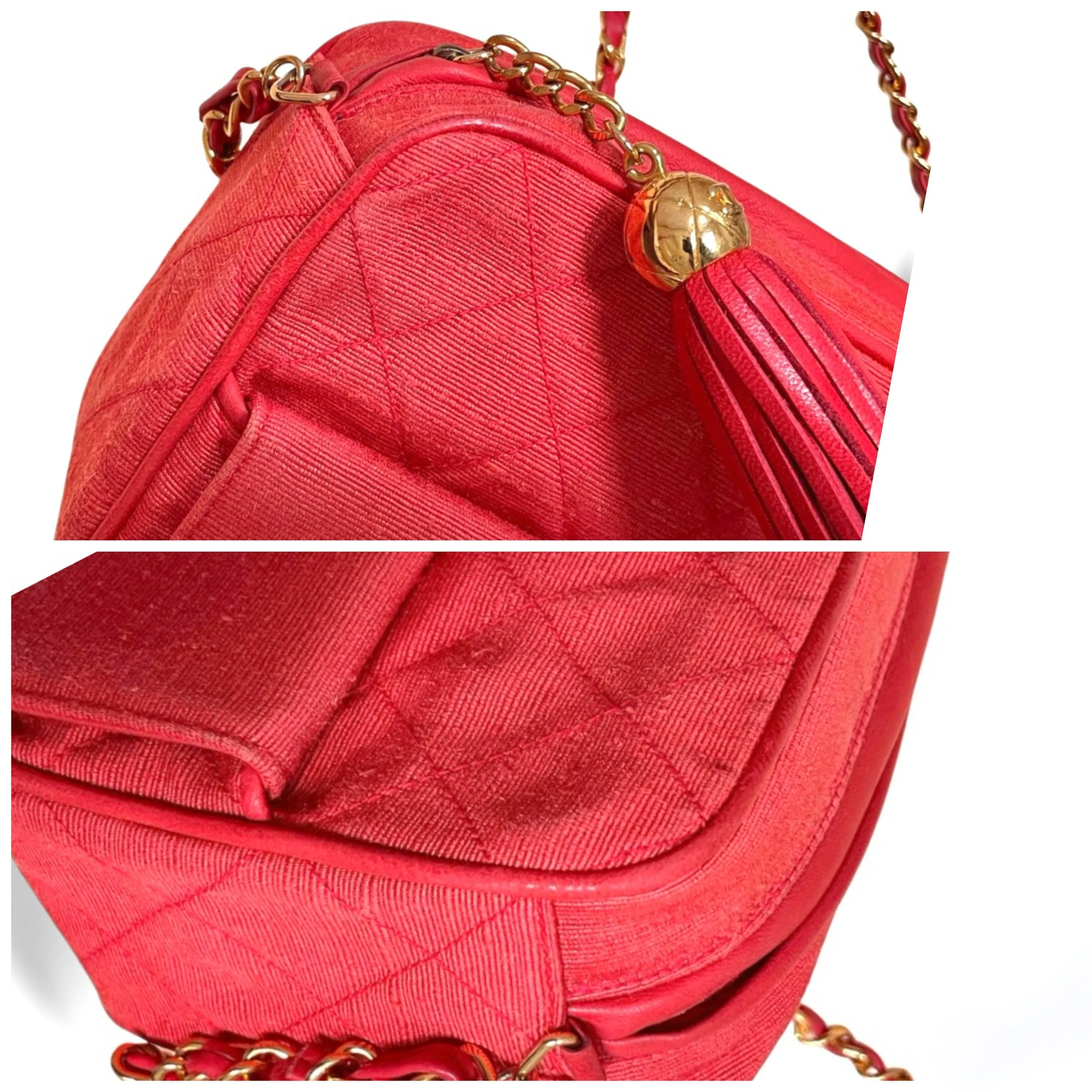 Vintage CHANEL red woven canvas camera bag style shoulder bag with a tassel and CC mark. Rare masterpiece. 060130ac5