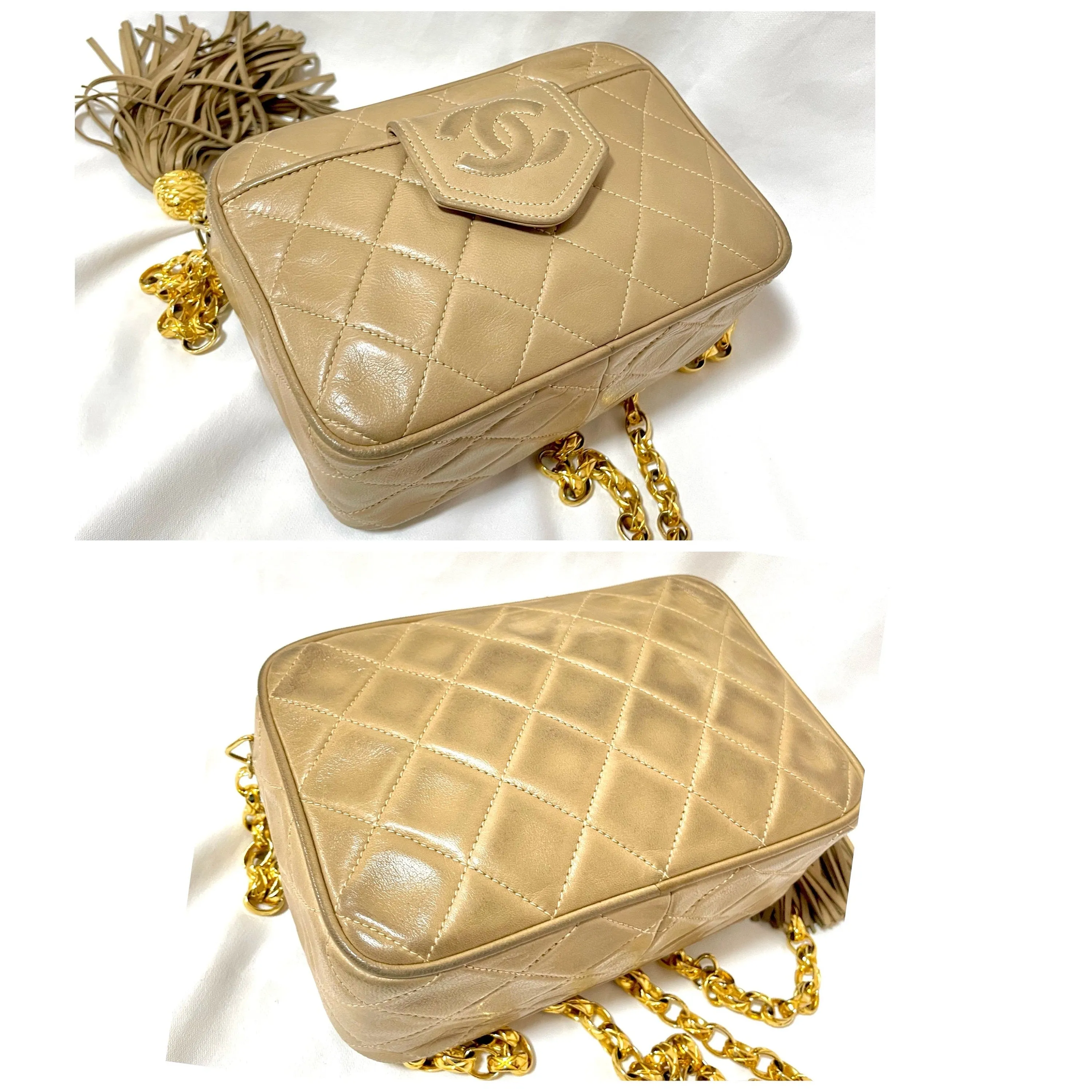 Vintage Chanel tanned beige lambskin camera bag style chain shoulder bag with fringe and CC stitch mark on pentagon flap. 051205ac3