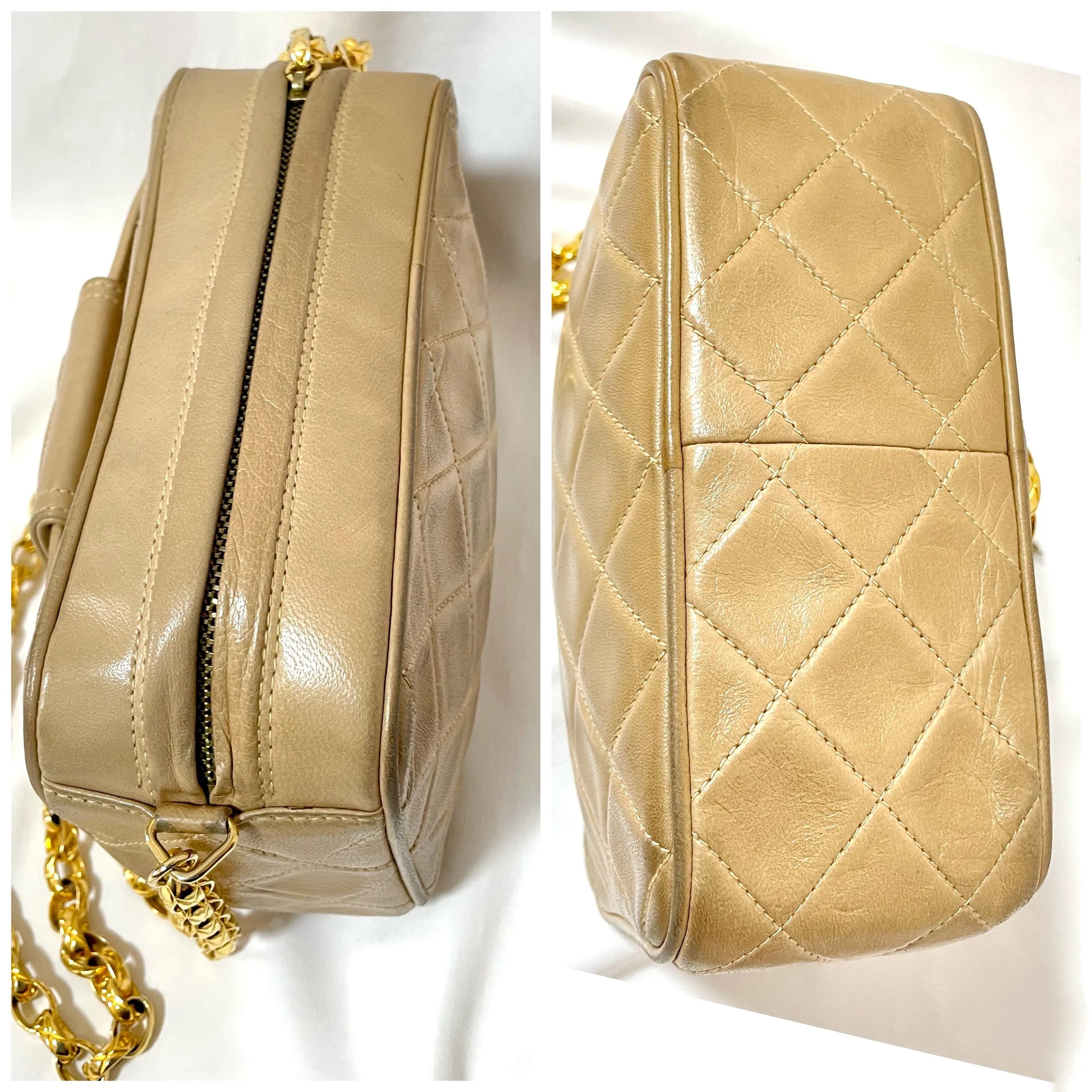 Vintage Chanel tanned beige lambskin camera bag style chain shoulder bag with fringe and CC stitch mark on pentagon flap. 051205ac3