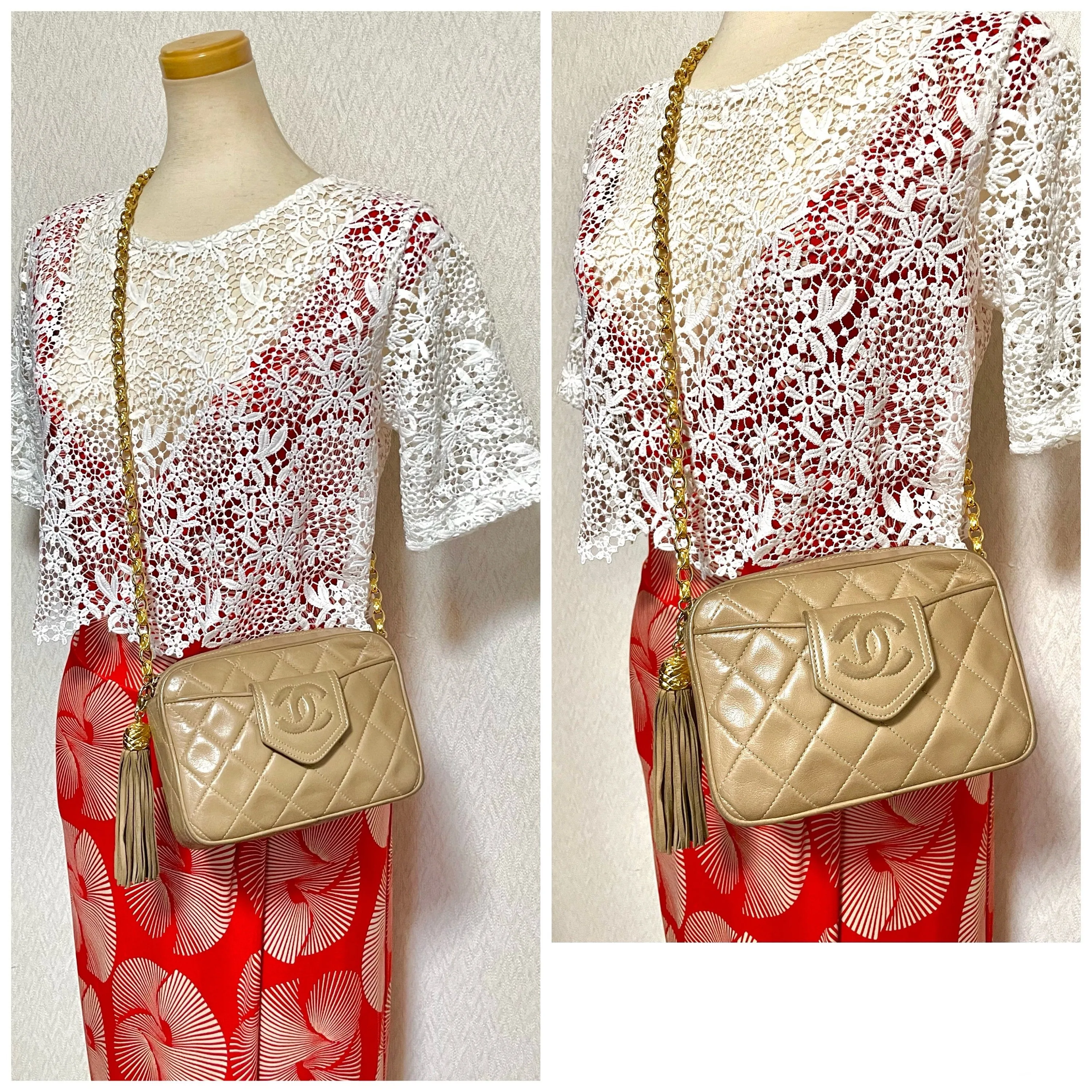 Vintage Chanel tanned beige lambskin camera bag style chain shoulder bag with fringe and CC stitch mark on pentagon flap. 051205ac3