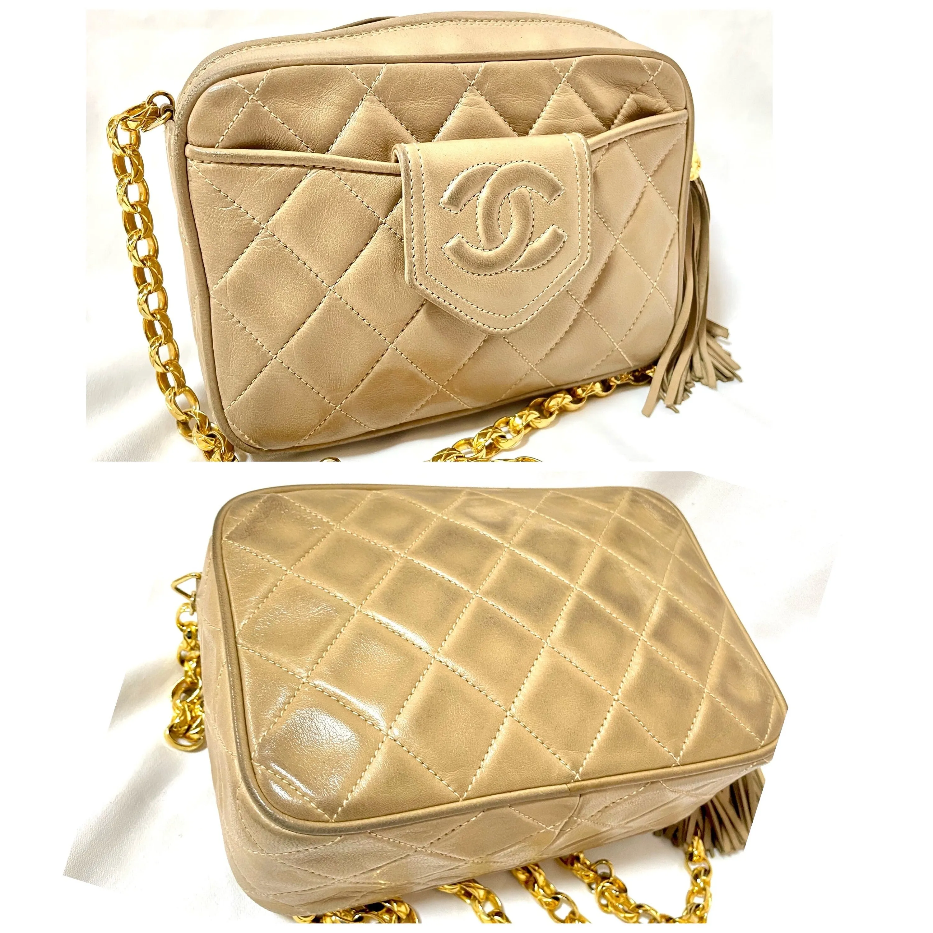 Vintage Chanel tanned beige lambskin camera bag style chain shoulder bag with fringe and CC stitch mark on pentagon flap. 051205ac3