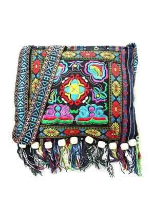Vintage Medium Messenger Bag Colorblock Embroidered Detail Tassel Decor