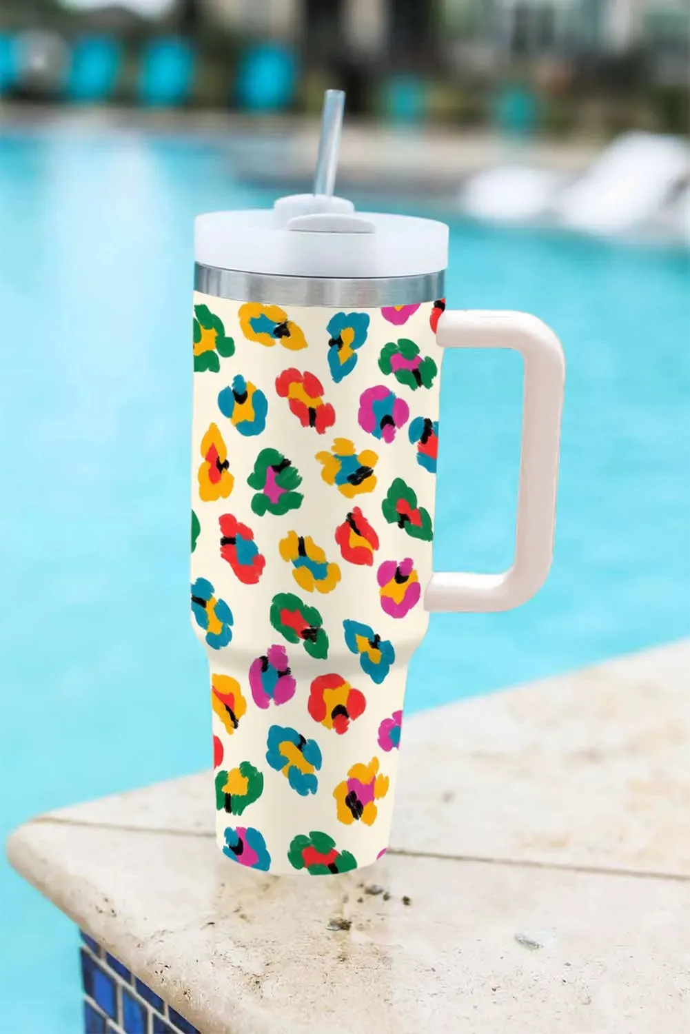 White Multi Color Leopard Print Handle Stainless Tumbler 40oz